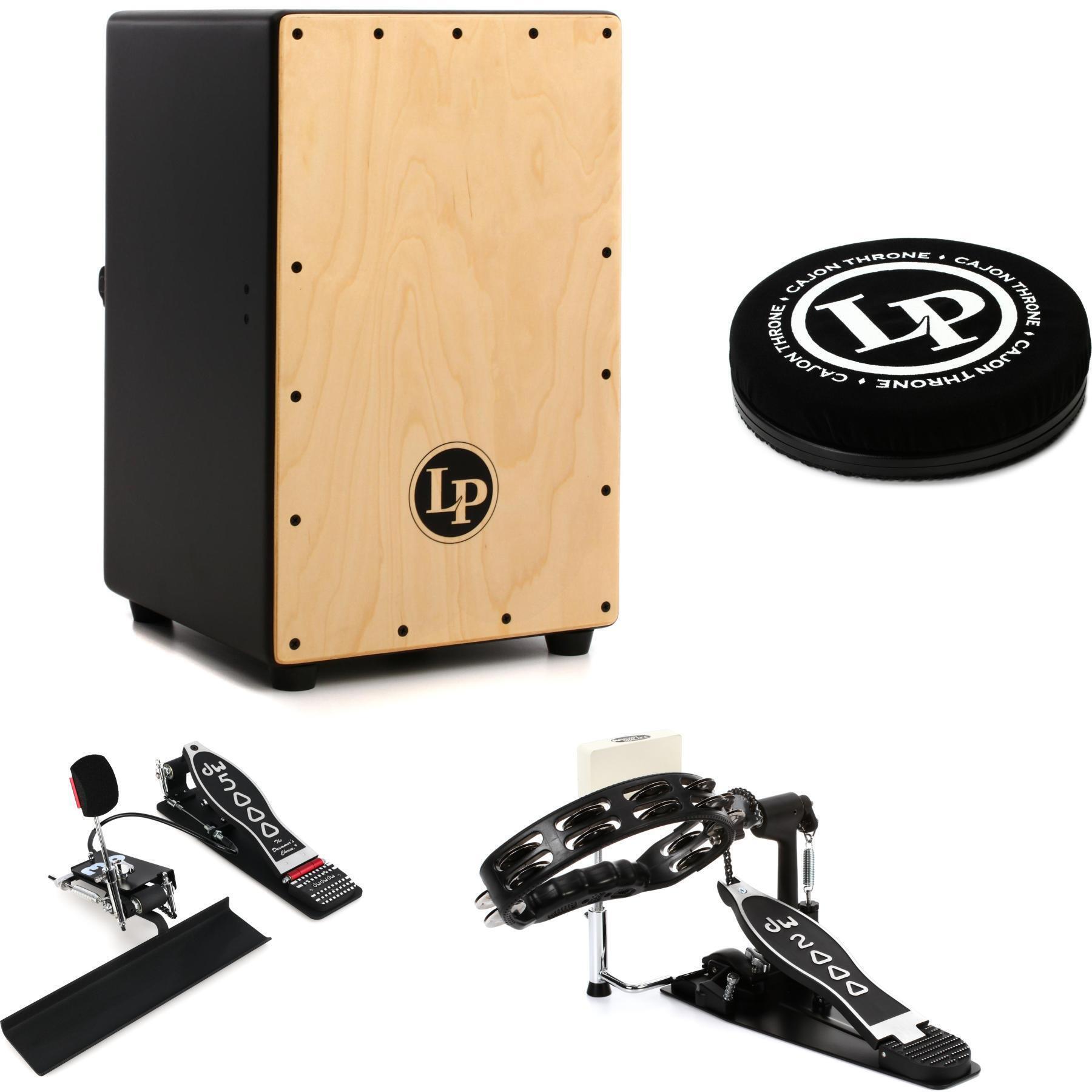 Latin Percussion LP1426 Adjustable Snare Cajon with Pedal and Tambourine  Pedal Bundle
