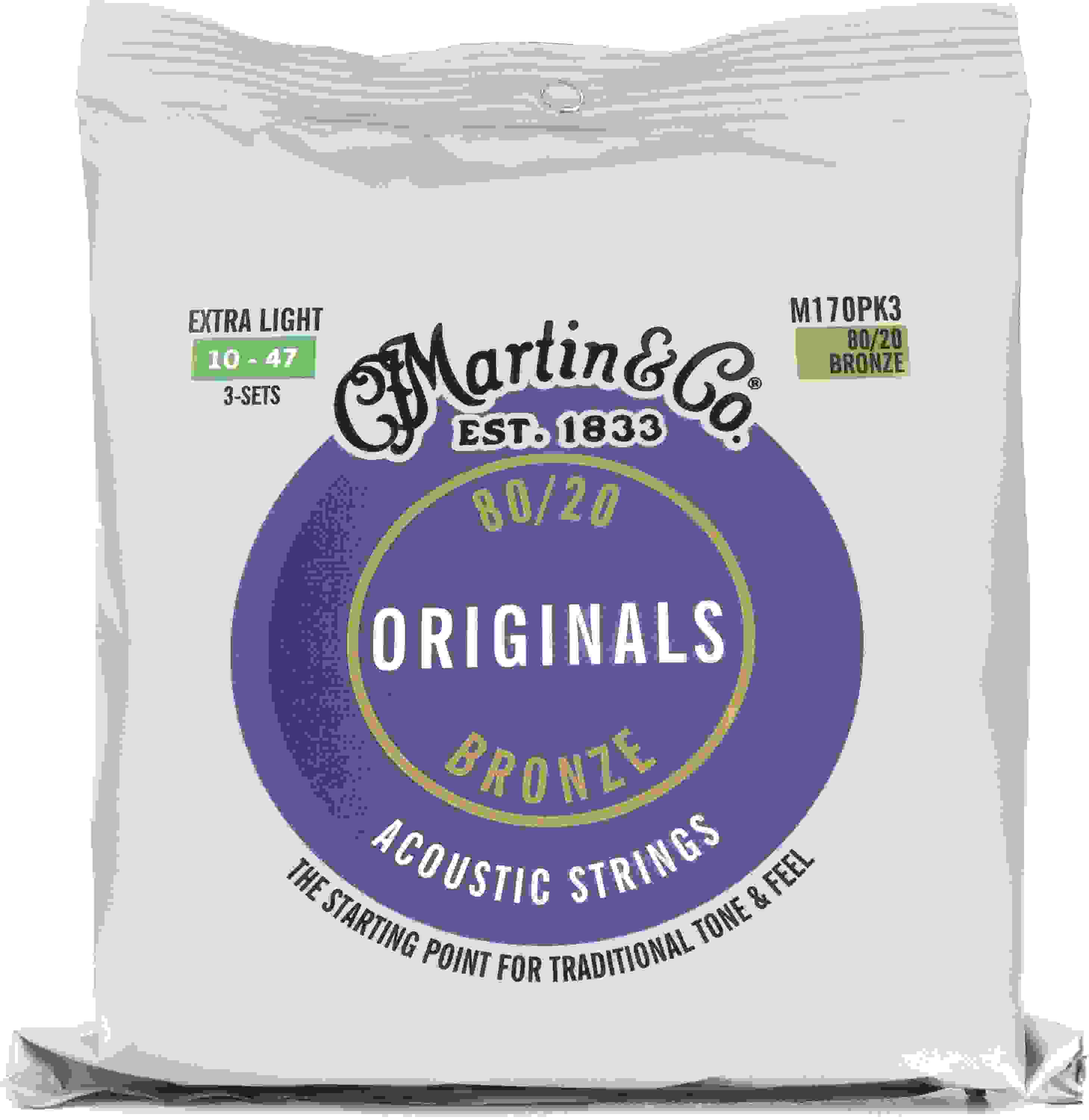 Martin M170 Originals 80/20 Bronze Acoustic Guitar Strings - .010-.047 Extra Light (3-pack)
