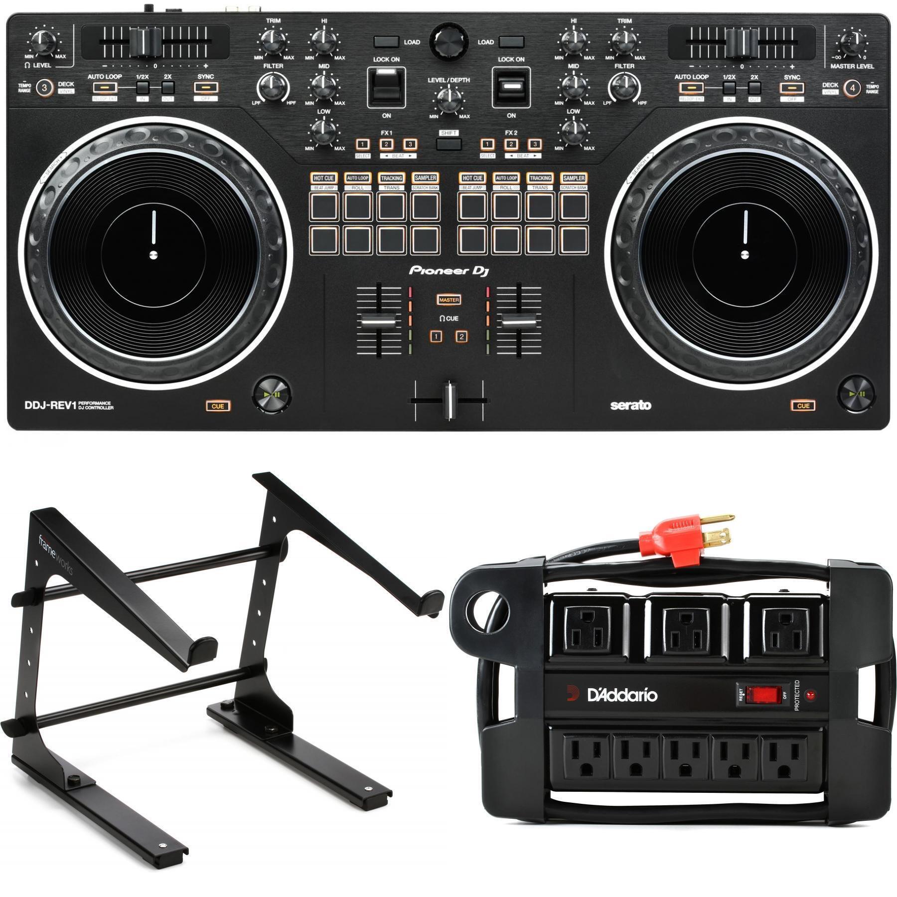 Pioneer DJ DDJ-REV1 2-deck Serato DJ Controller with Laptop Stand and Power  Block