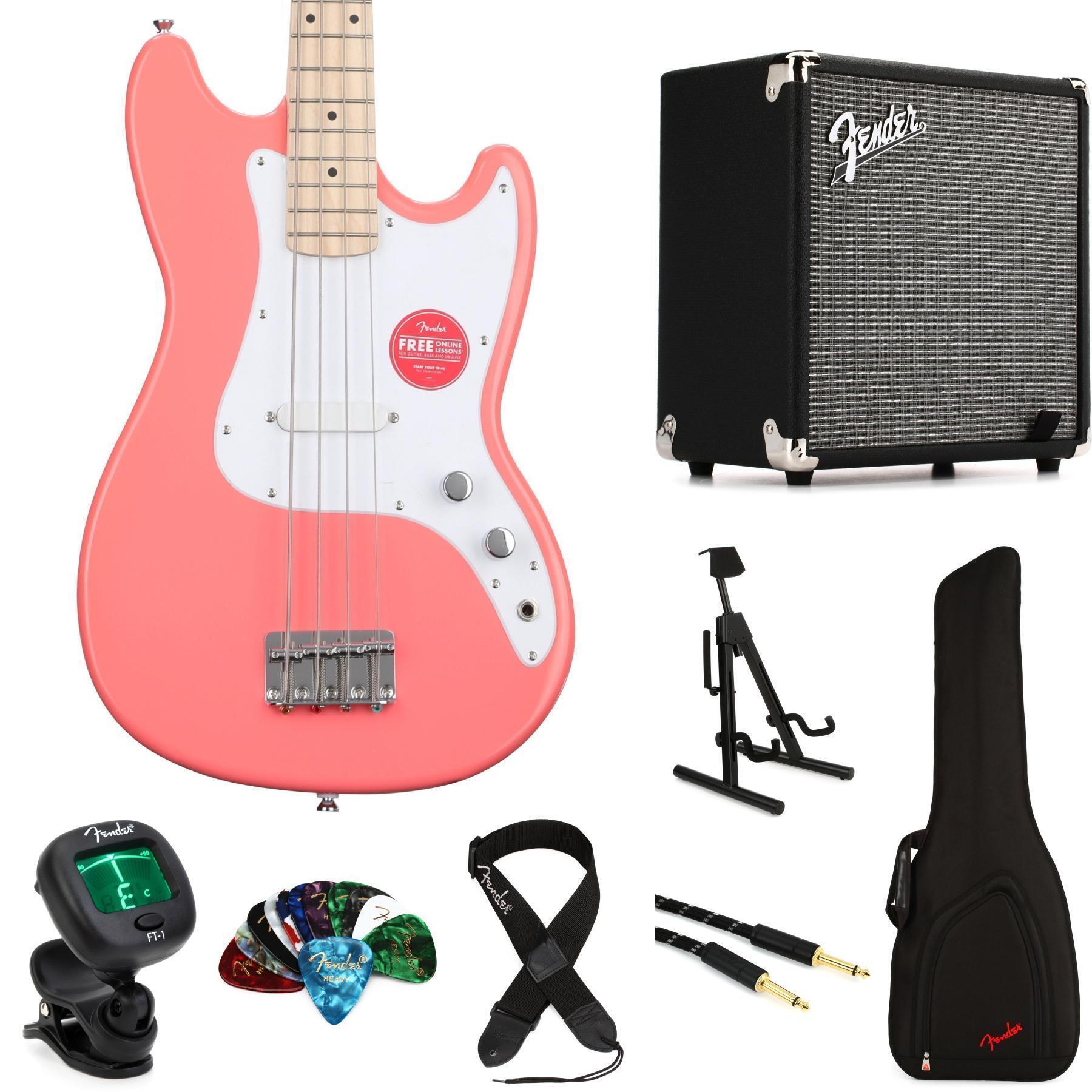Squier Sonic Bronco Bass and Fender Amp Bundle - Tahitian Coral
