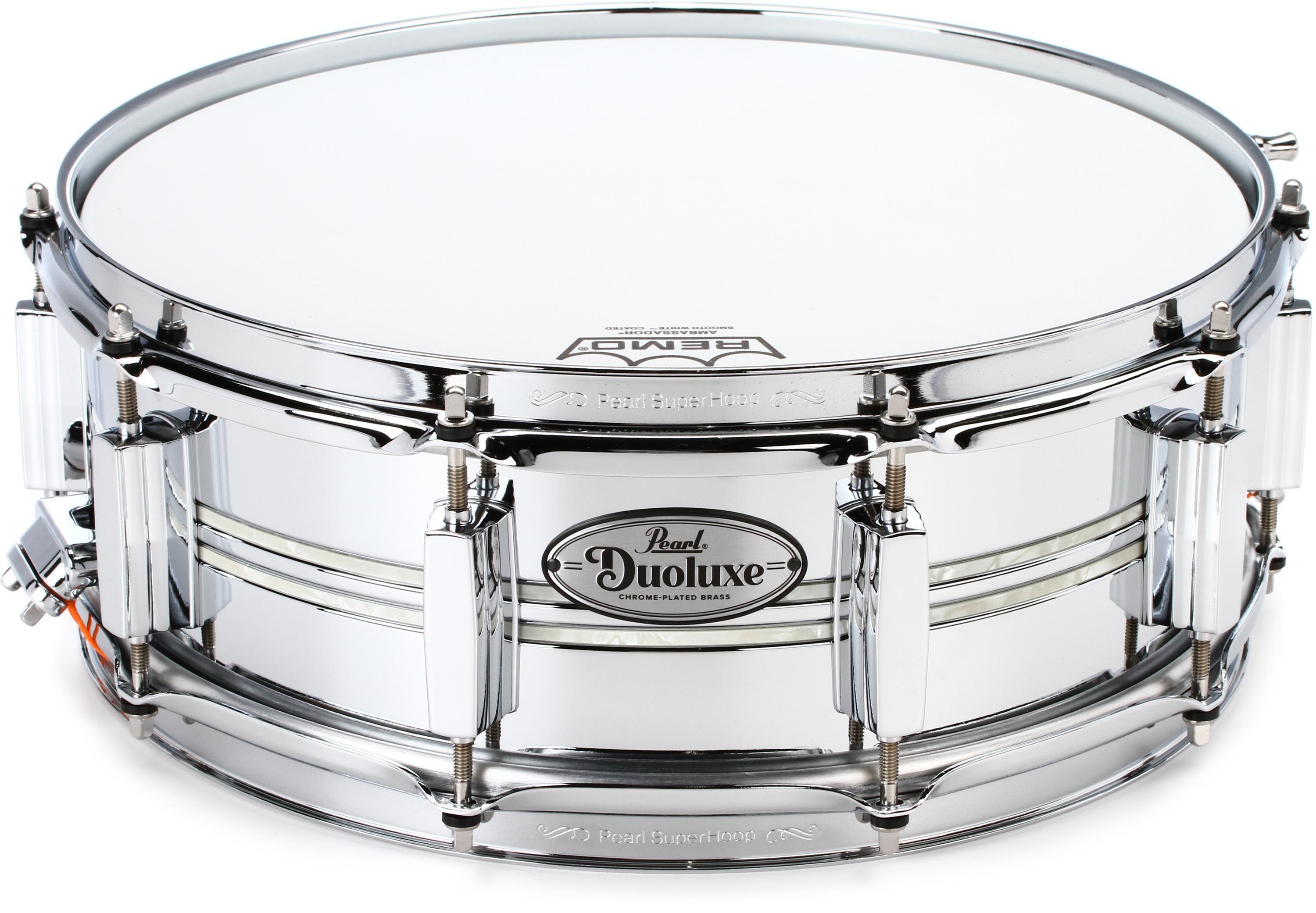 Pearl DuoLuxe Chrome over Brass Snare Drum - 5-inch x 14-inch - Nicotine  White Marine Pearl Inlay