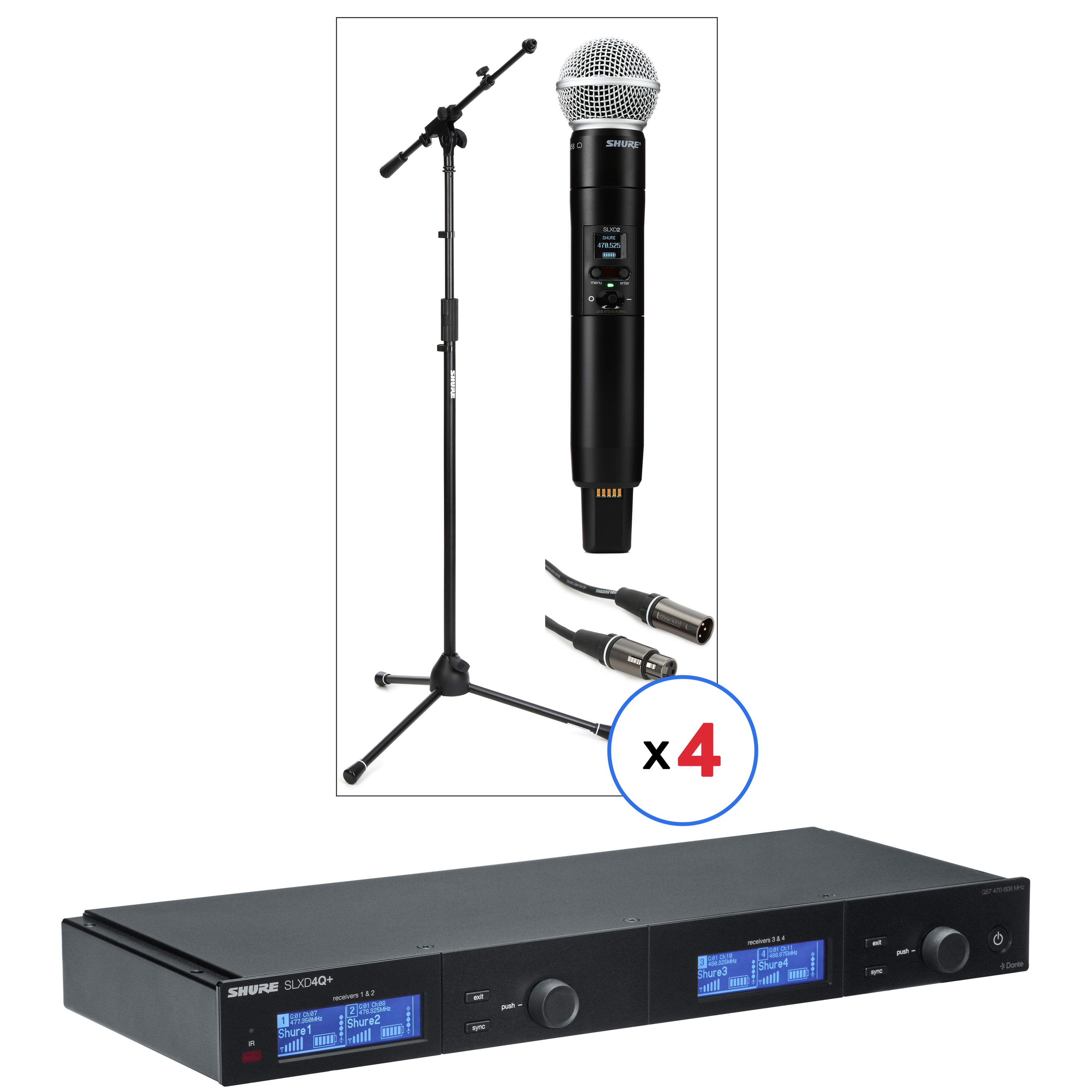 Shure SLXD4QDAN+ Quad Wireless Receiver with SM58 Microphones