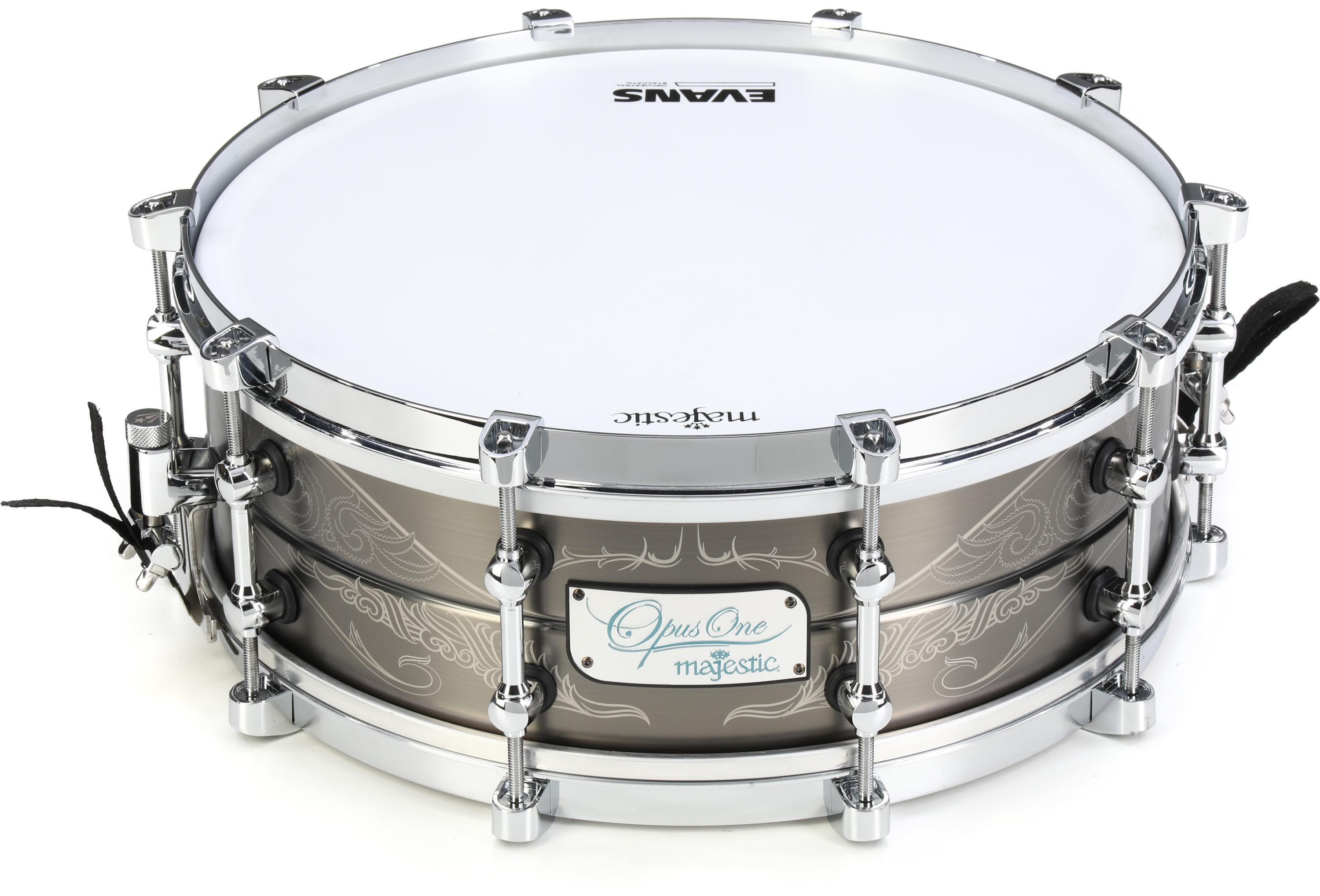 Photo of Majestic 65th Anniversary Opus One Brass Concert Snare Drum - 5 inches x 14 inches, Antique Brushed Nickel