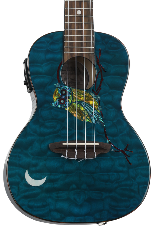 Owl Quilt Top Concert Ukulele with Preamp - Trans Blue - Sweetwater