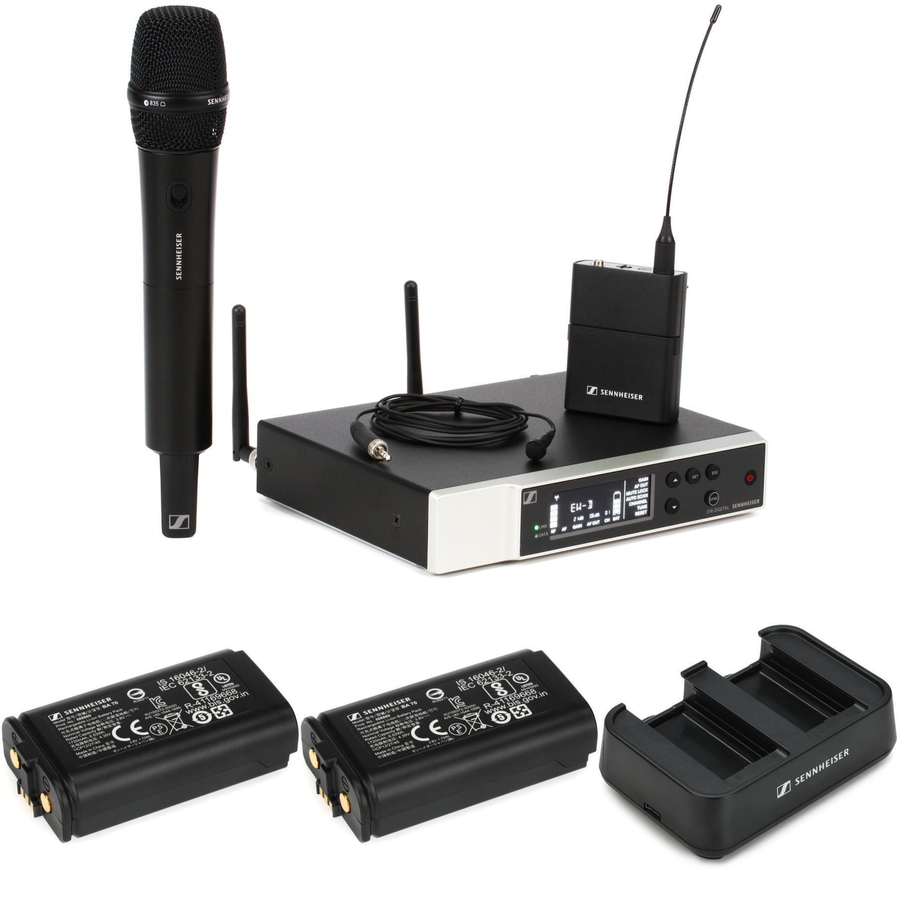 Photo of Sennheiser EW-D ME2/835-S Combo Wireless Handheld and Lavalier Microphone System with Rechargeable Battery Packs and Charging Station - R4-R9