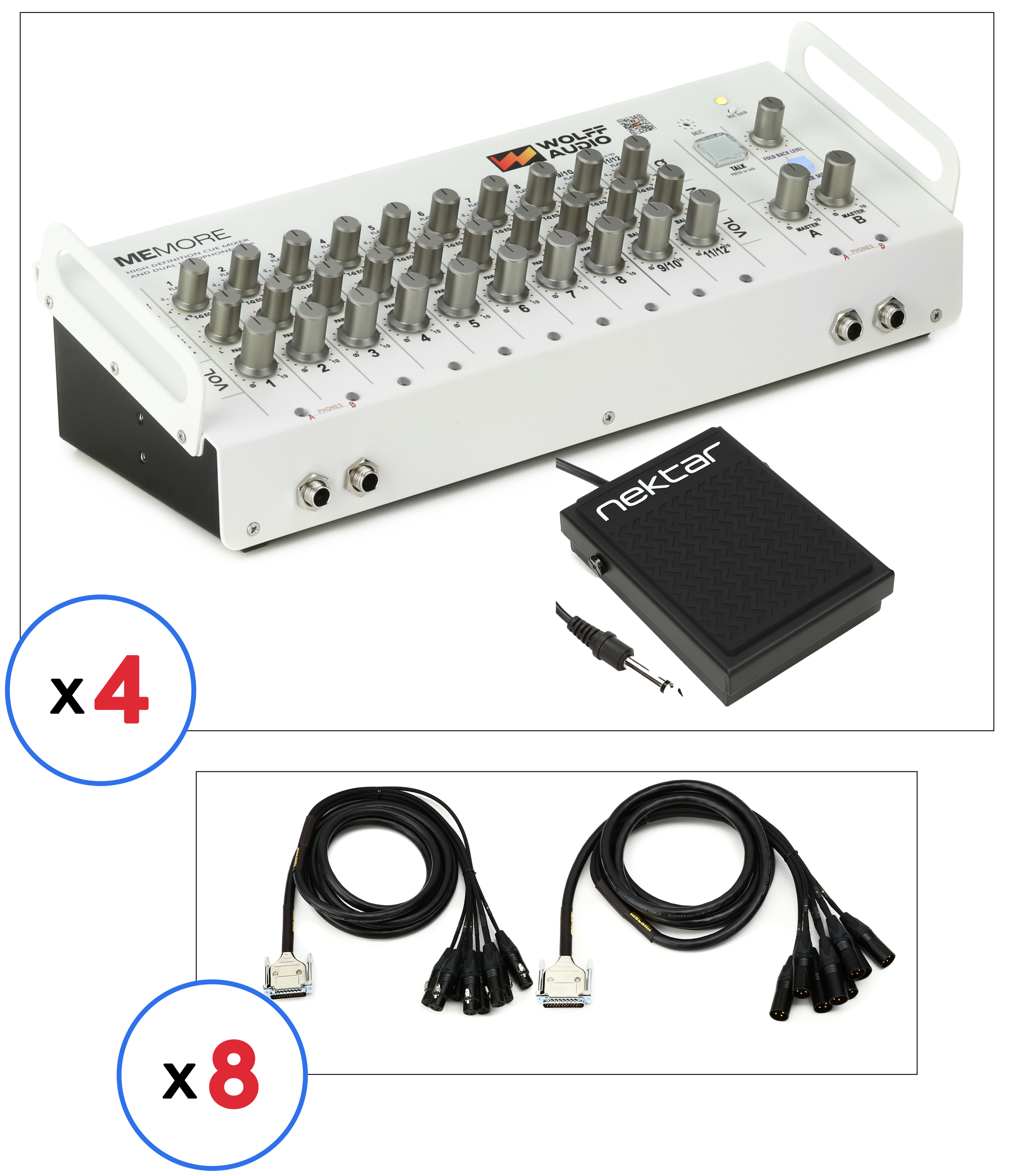 Photo of Wolff Audio MeMore Personal Monitor Mixer with Footswitch Pedal and Cable Snakes - 4 Pack