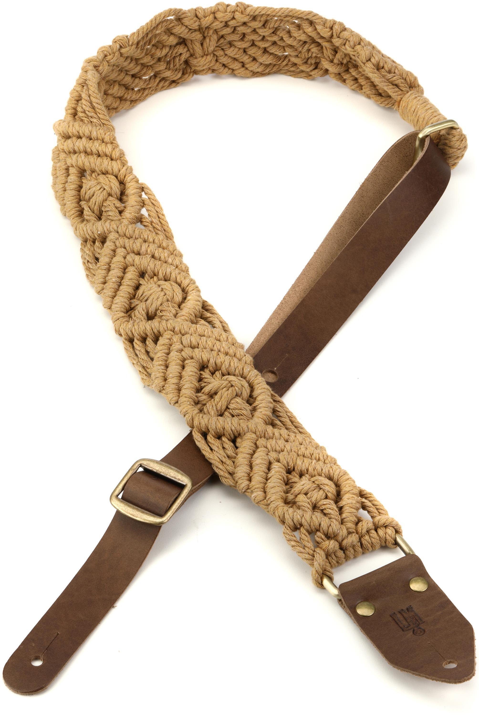 LM Products 2-inch Macrame Cotton Guitar Strap with Leather Ends - Beige