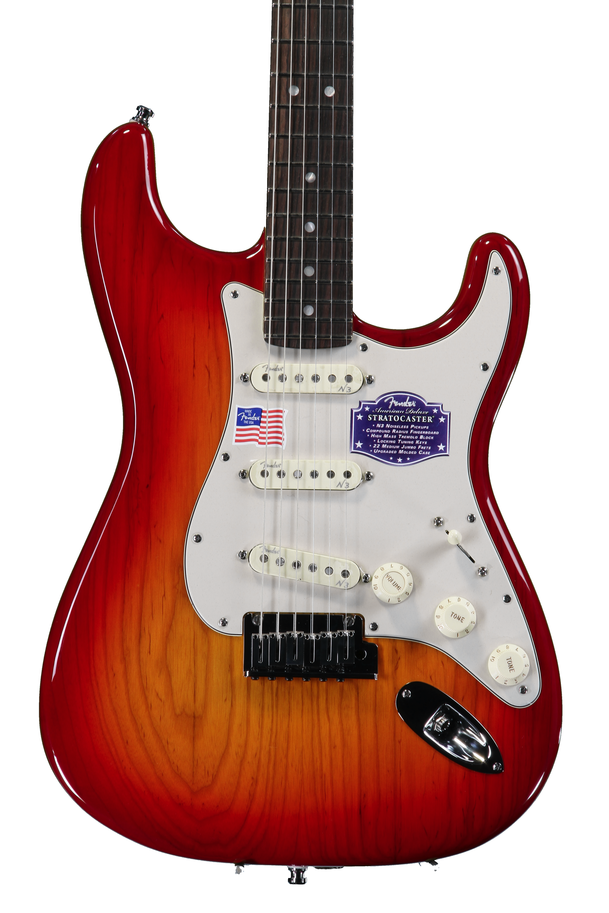 ギター Fender USA American Deluxe ST N3 Ash Fender American Deluxe Ash Strat - Aged Cherry Burst, Rosewood
