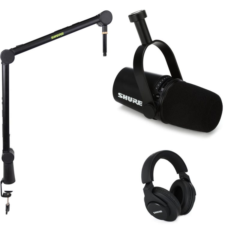Shure MV7 USB Podcast Microphone with Headphones and Boom Stand - Black