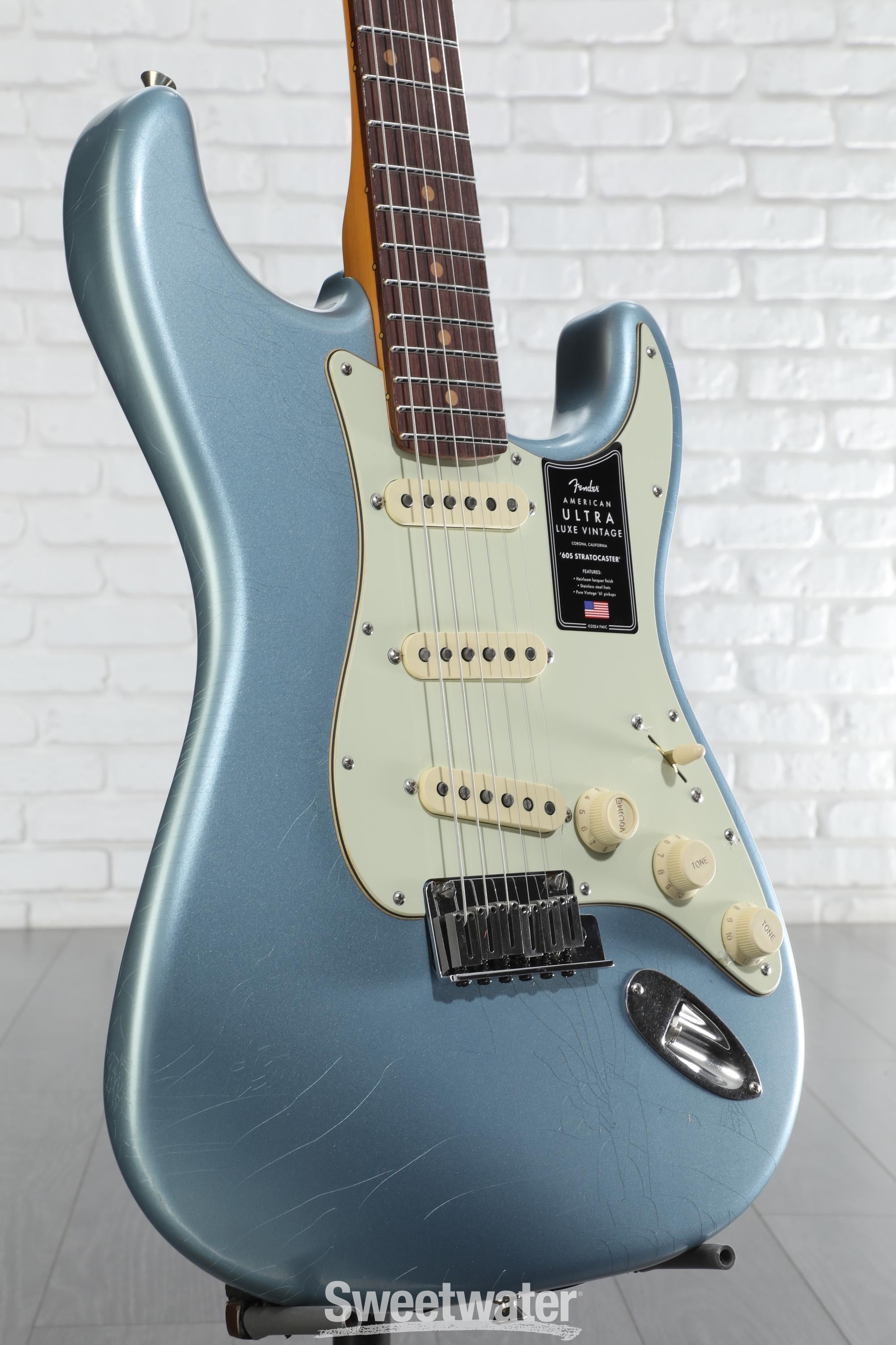 Photo of Fender American Ultra Luxe Vintage '60s Stratocaster Electric Guitar - Ice Blue Metallic, Heirloom Lacquer