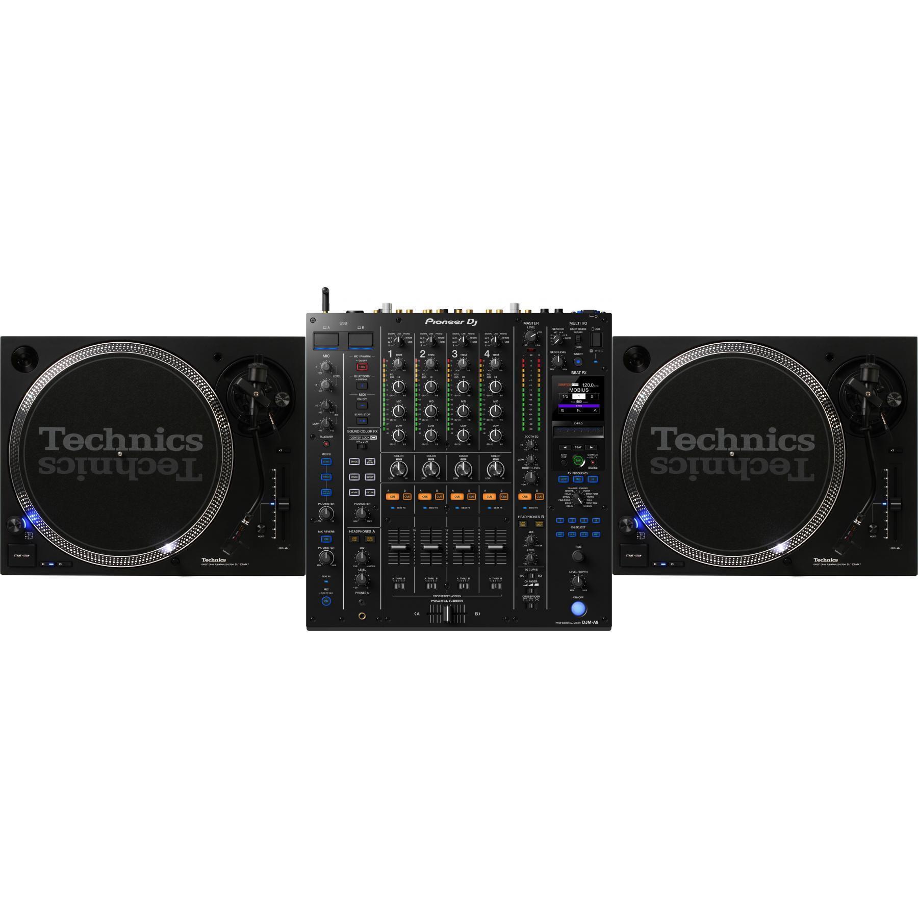 Pioneer DJ DJM-A9 4-channel DJ Mixer with Effects and Dual Technics  SL-1200MK7 Direct Drive Professional Turntable Bundle