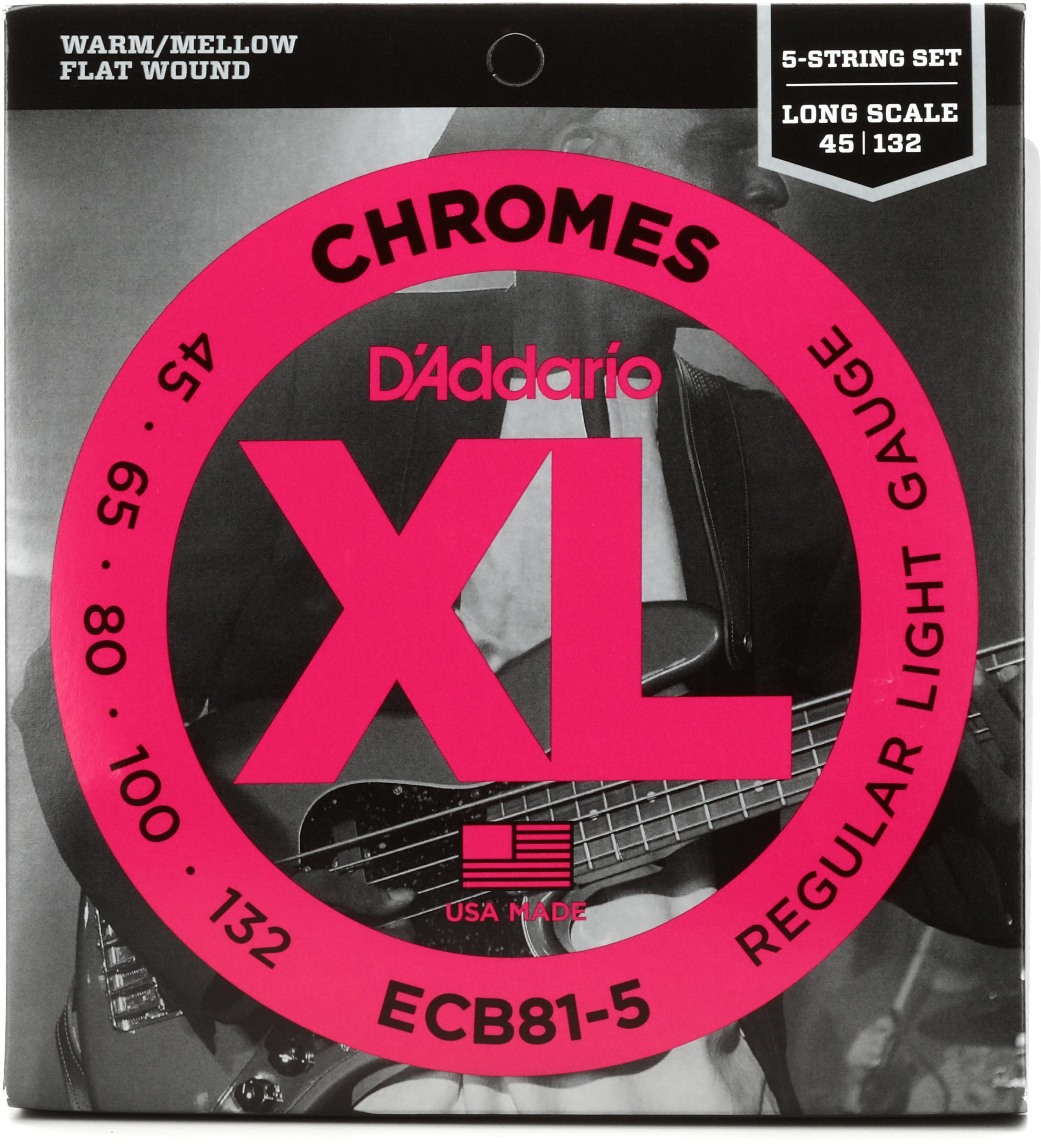 D'Addario ECB81-5 Chromes Flatwound Bass Guitar Strings - .045-.132 Regular  Light Long Scale 5-string