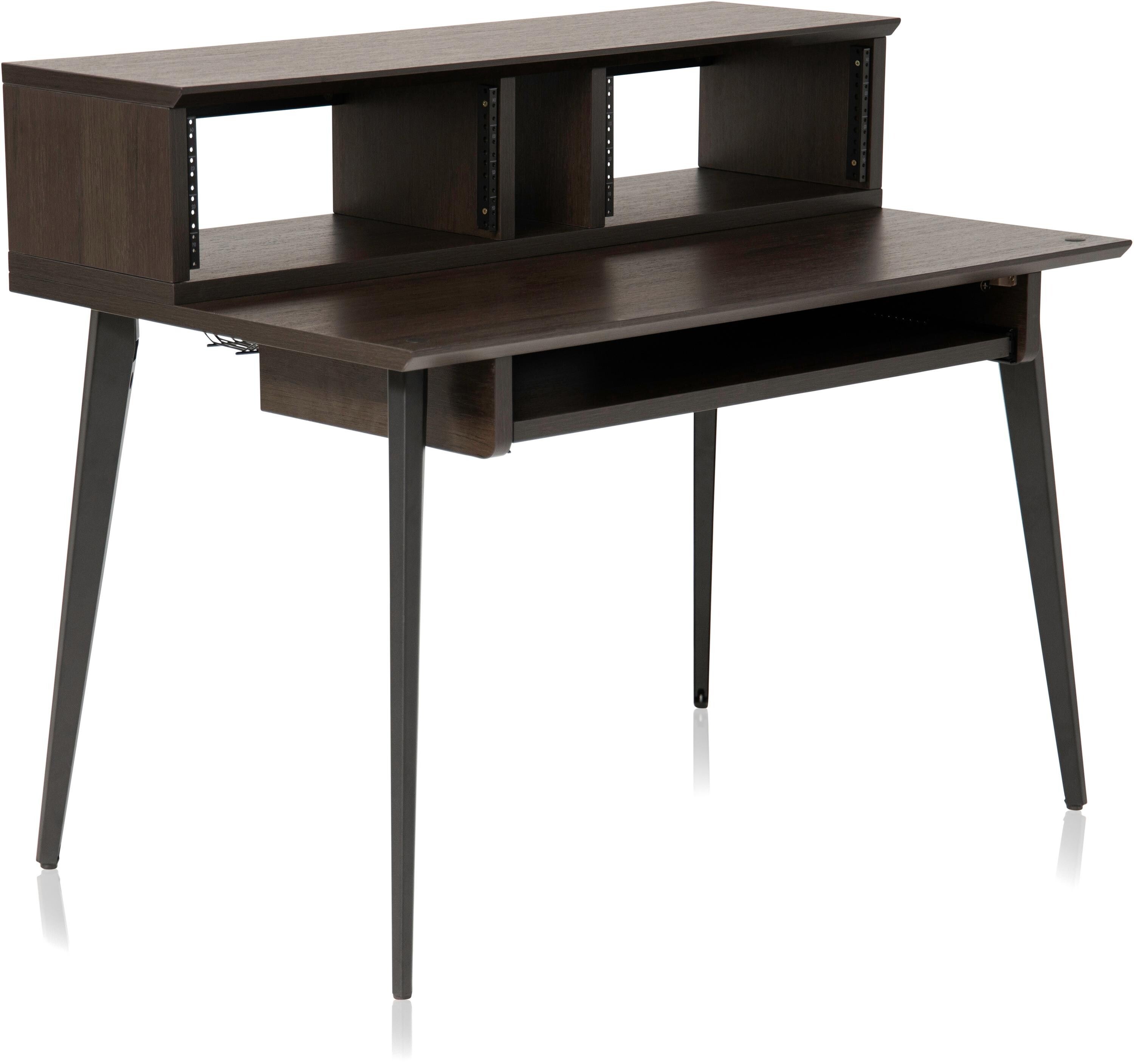 Wooden Writing Desk with Block Legs and 2 Drawers, Dark Brown and Black