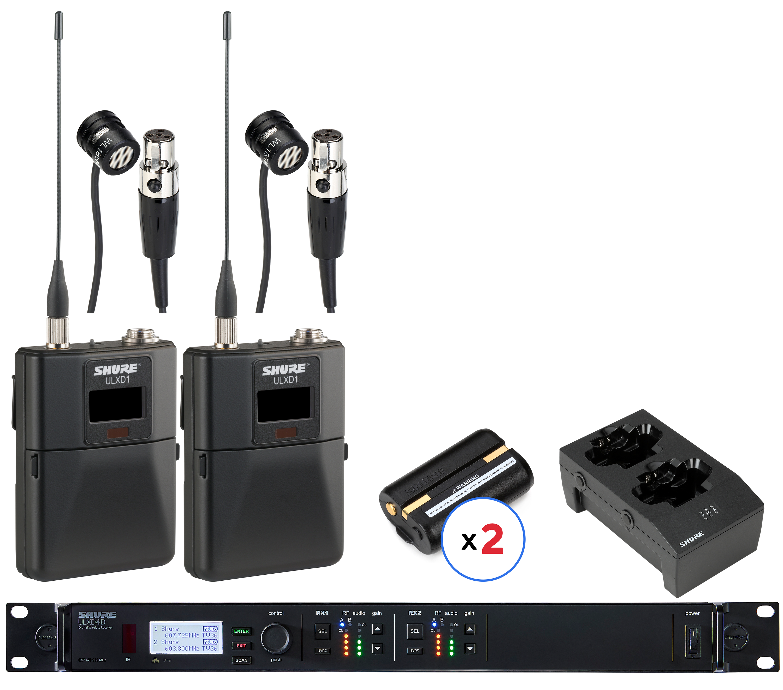 Shure ULXD4D Dual Wireless System with Cardioid Lavalier Microphones Transmitters - G57 Band