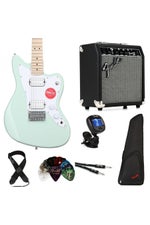 Photo of Squier Mini Jazzmaster HH Electric Guitar and Fender Frontman 10 Amp Essentials Bundle - Surf Green