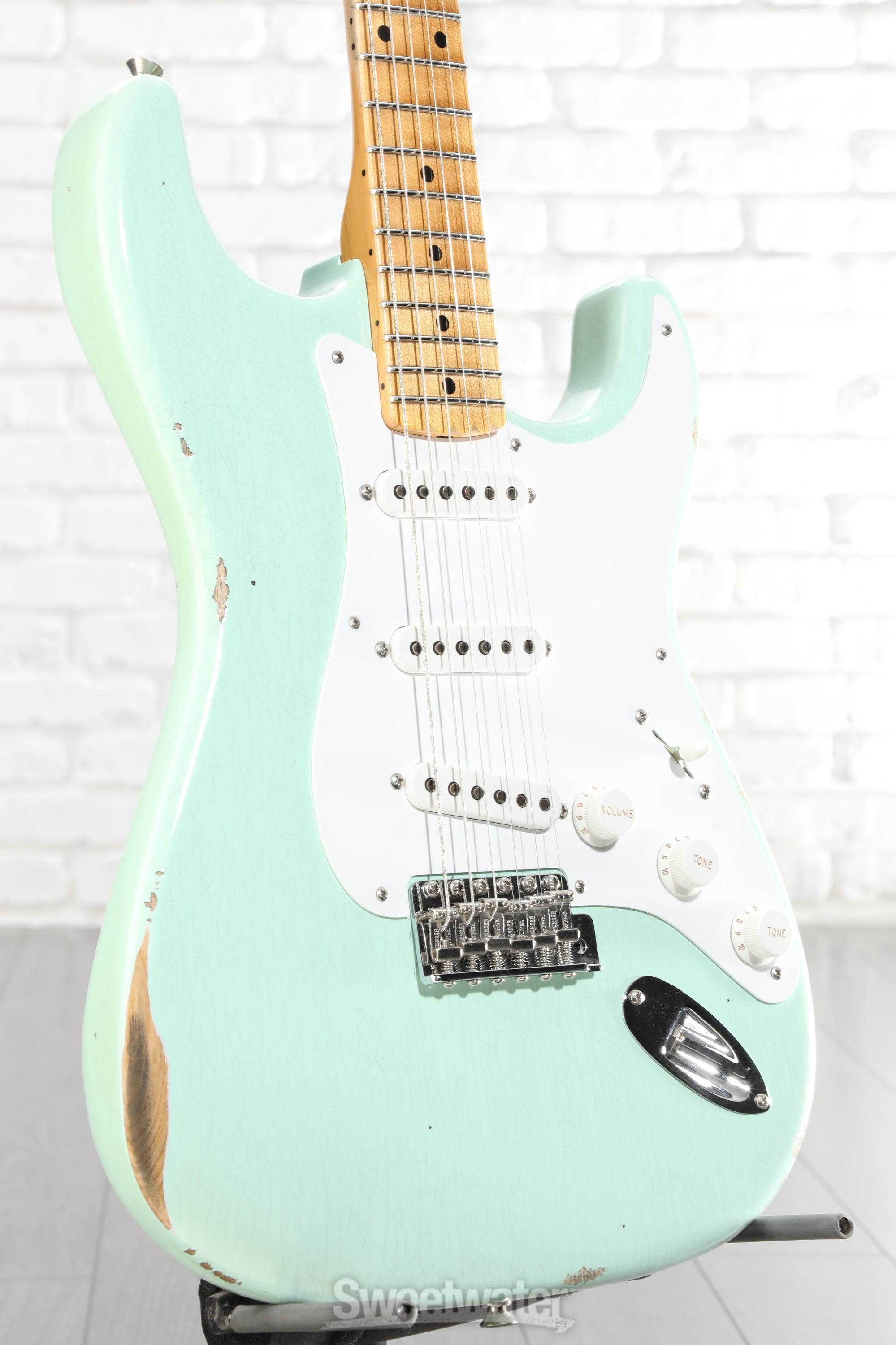 Photo of Fender Custom Shop Limited-edition Fat 1954 Stratocaster Relic Electric Guitar - Faded Aged Surf Green
