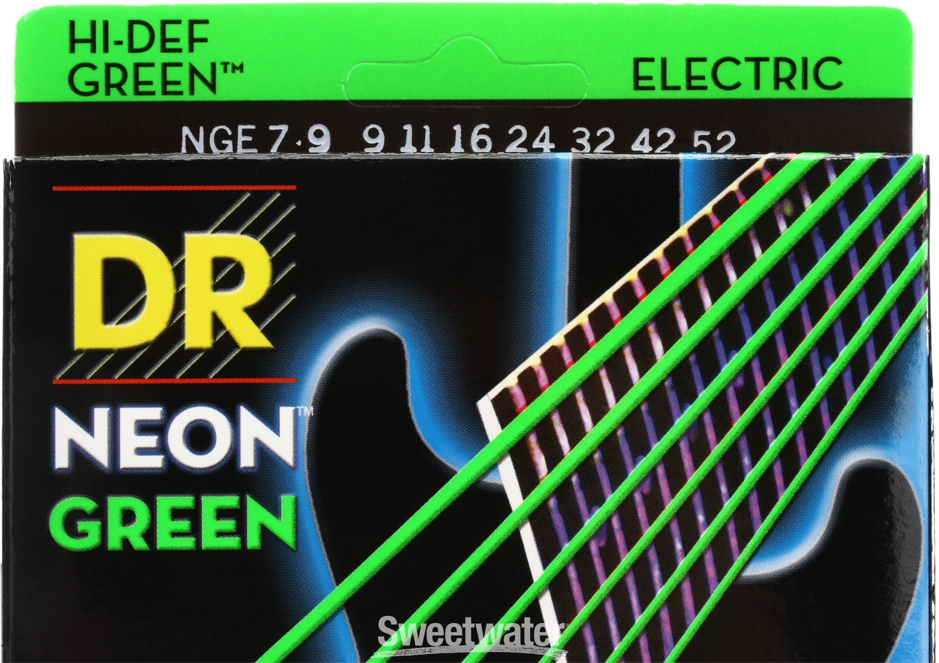 DR Strings NGE7 9 Hi Def Neon Green K3 Coated Electric Guitar Strings .009 .052 Light 7 string