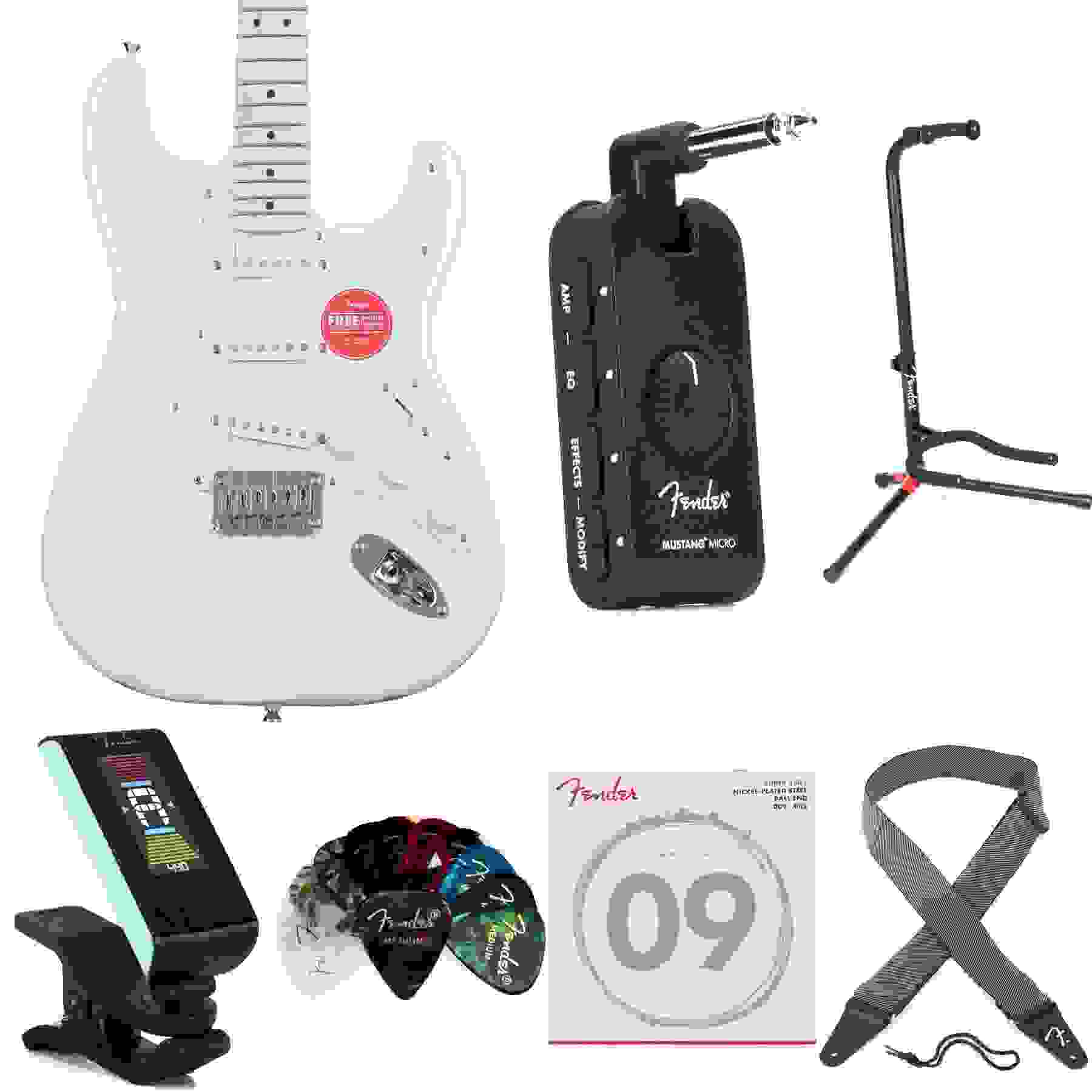 Squier Sonic Stratocaster HT Electric Guitar and Mustang Micro Headphone Guitar Amp Bundle - Arctic White