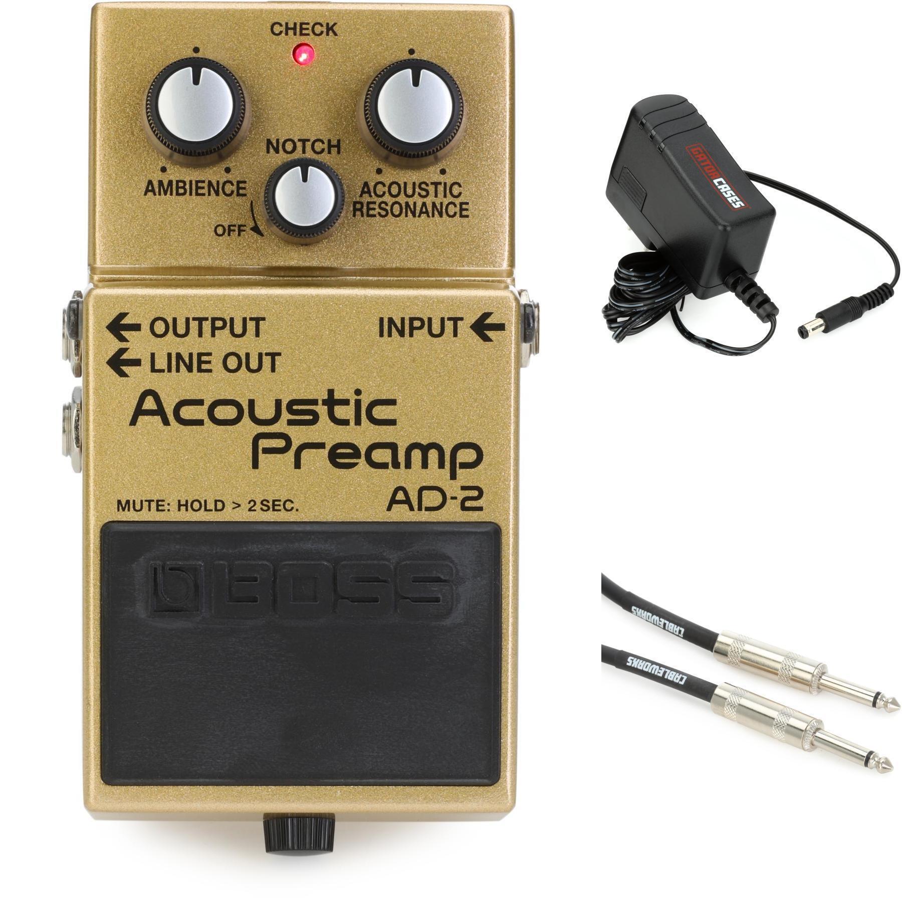 Photo of Boss AD-2 Acoustic Preamp Pedal with Power Supply and Cable