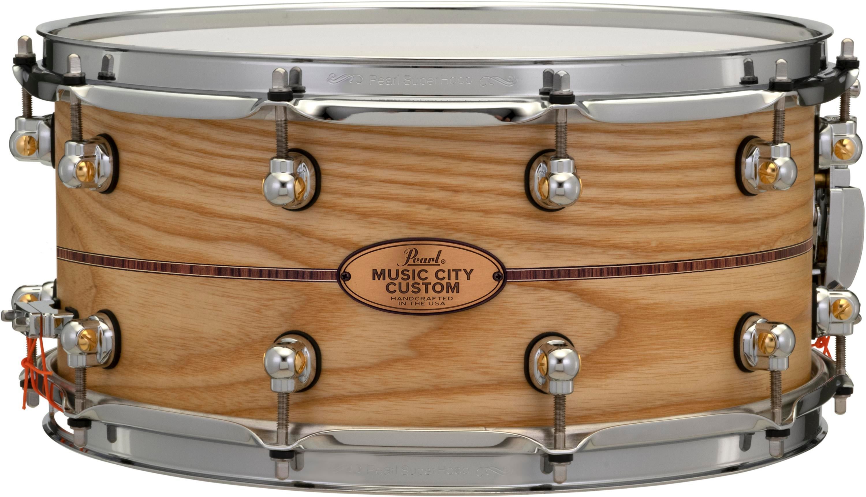 Photo of Pearl Music City Custom Solid Ash Snare Drum - 6.5 x 14-inch - Natural with Kingwood Center Inlay