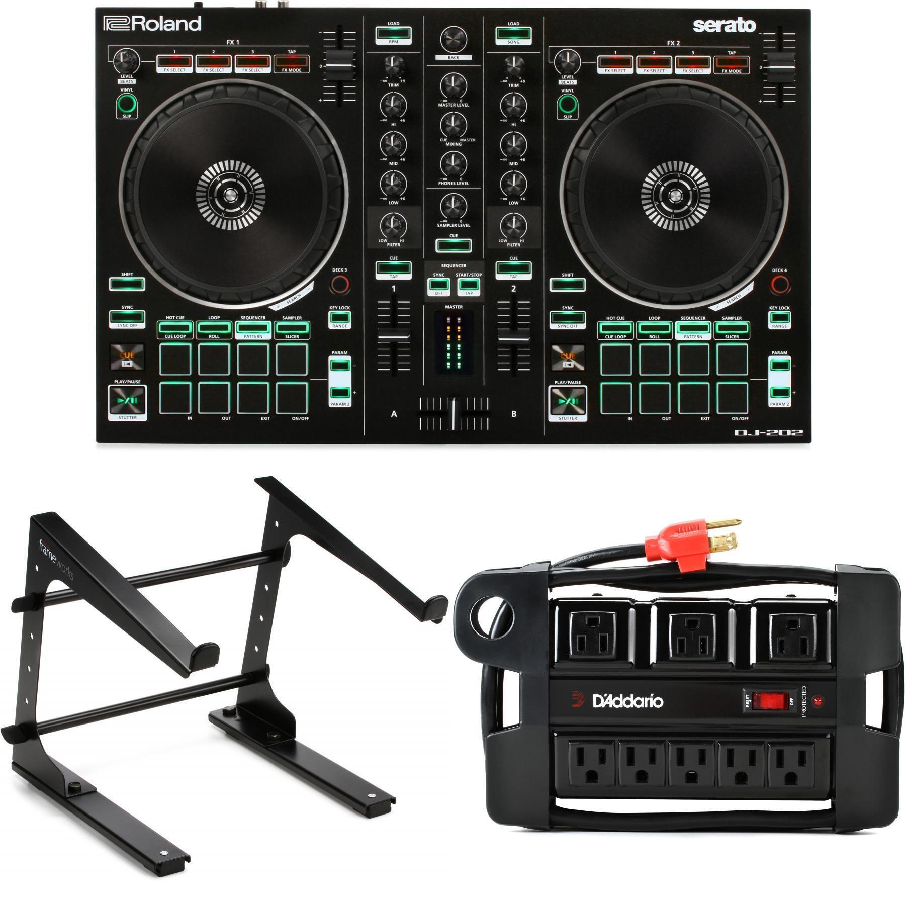 Roland DJ-202 4-deck Serato DJ Controller with Laptop Stand and 
