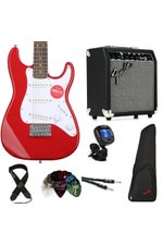 Photo of Squier Mini Strat Electric Guitar with Fender Frontman 10 Amp Essentials Bundle - Dakota Red