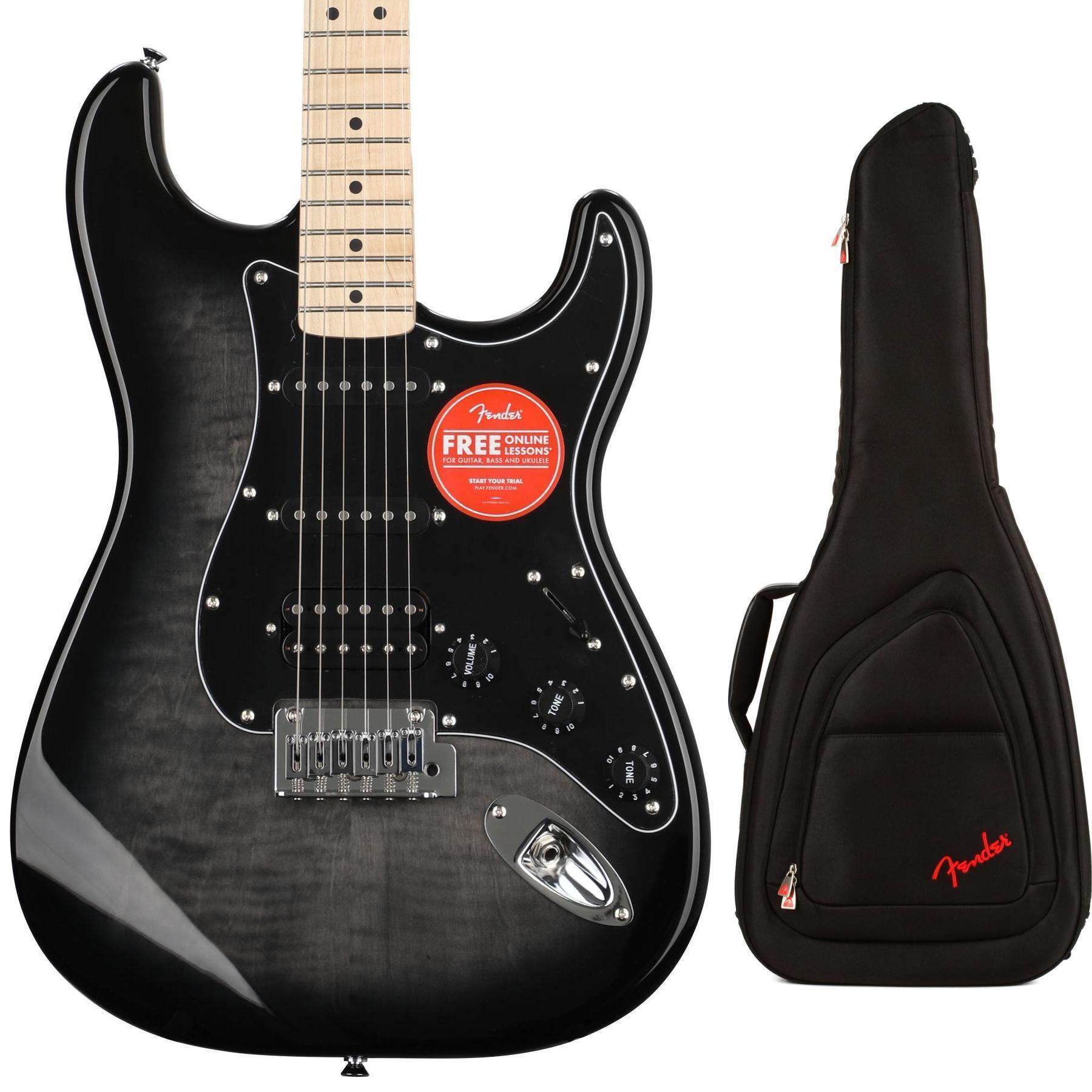 Squier Affinity Series Stratocaster Electric Guitar and Gig Bag Bundle -  Black Burst with Maple Fingerboard