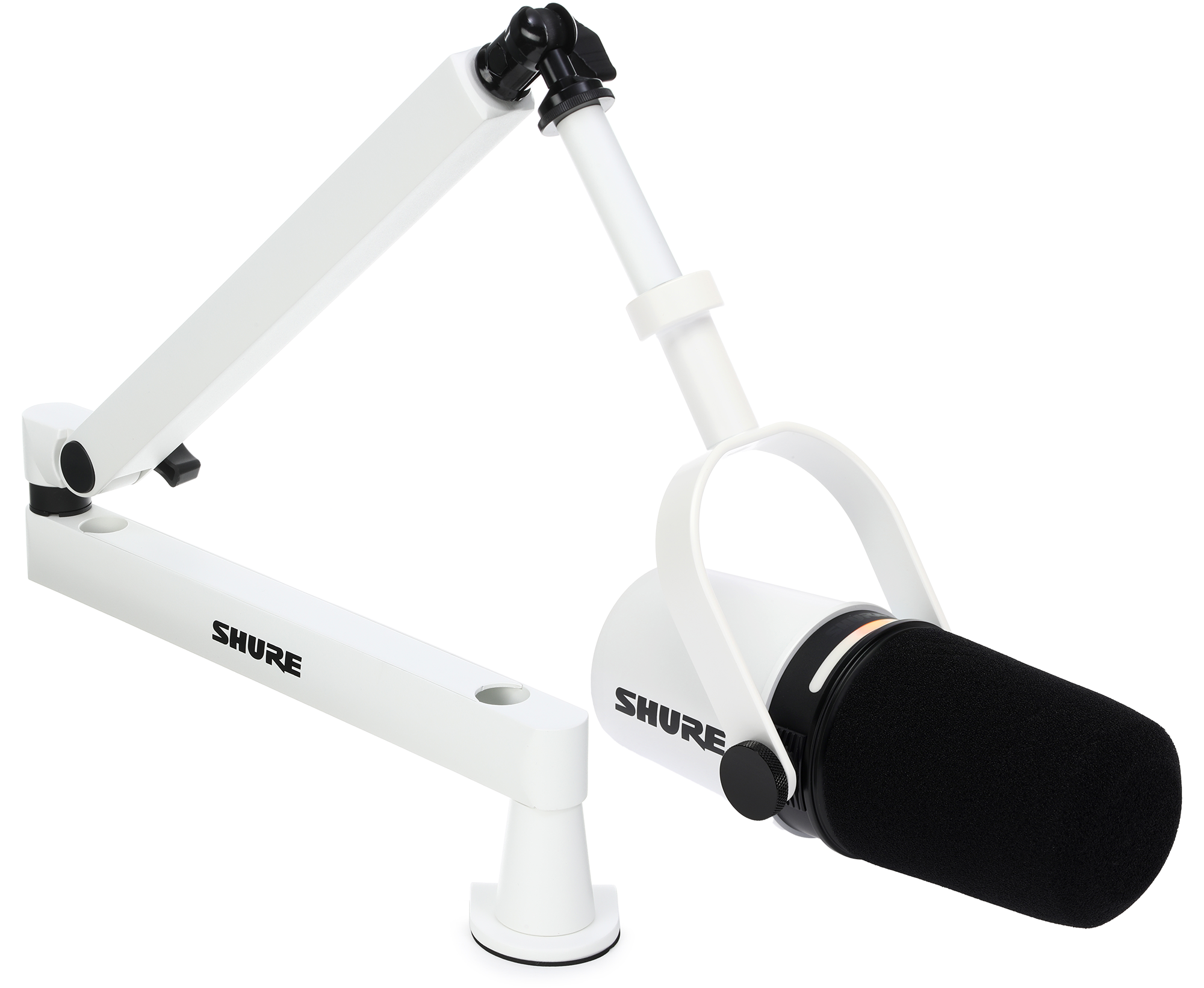 Photo of Shure MV7+ Hybrid Podcast Microphone with Low-profile Desk Boom Stand - White