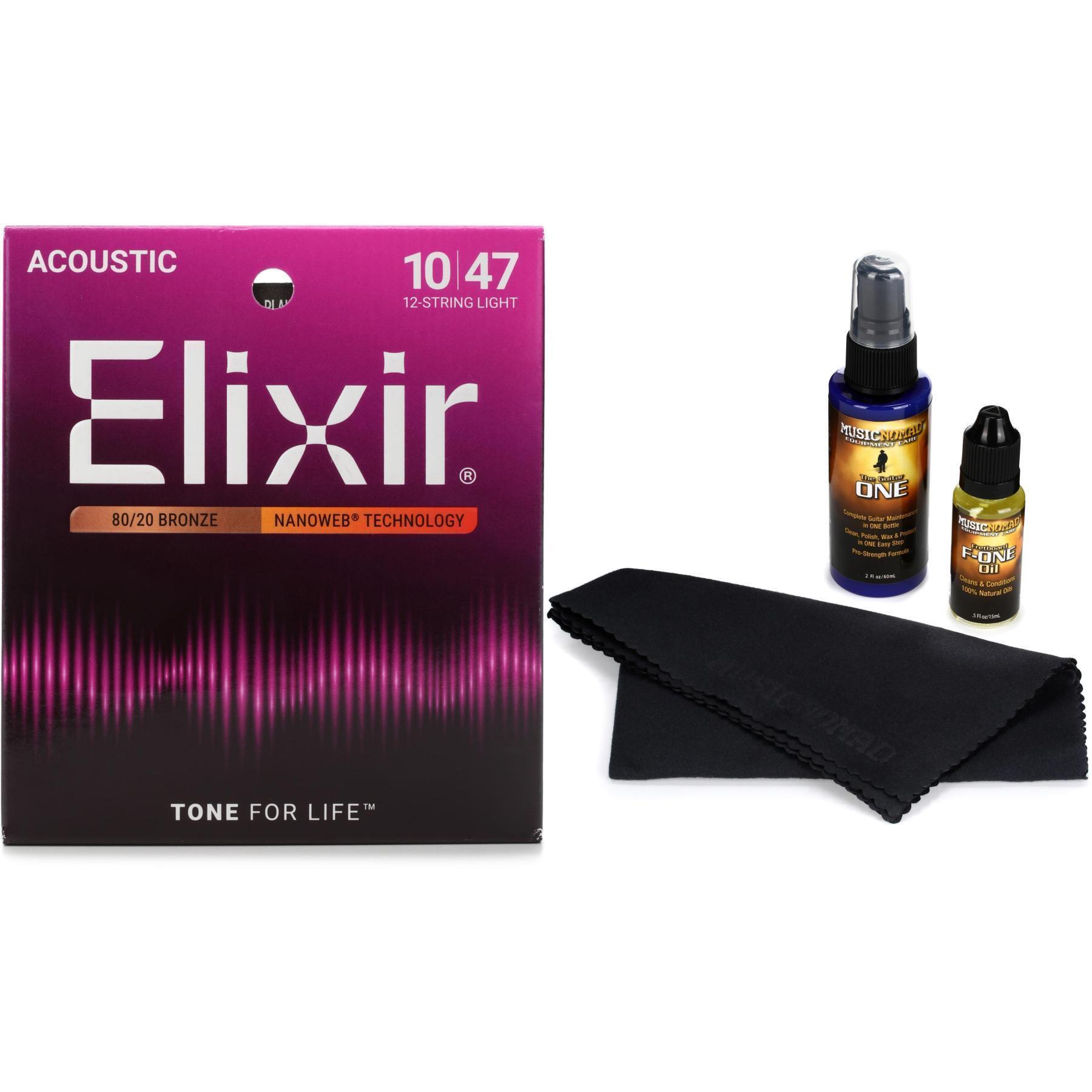 Photo of Elixir Strings 11152 Nanoweb 80/20 Acoustic Guitar Strings with Guitar Care Kit - .010-.047 Light 12-String
