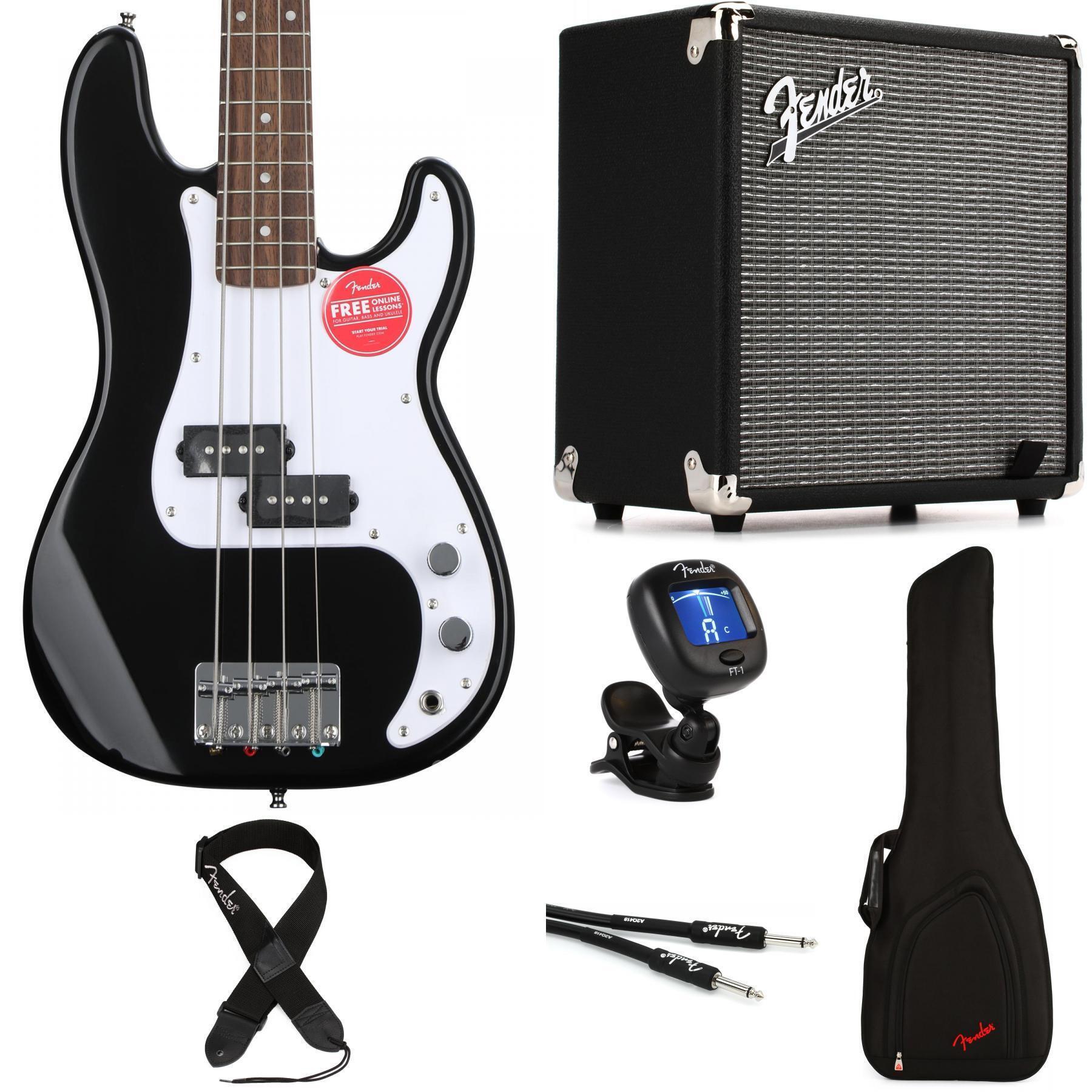 Squier Mini Precision Electric Bass and Fender Rumble 15 Amp Essentials  Bundle - Black