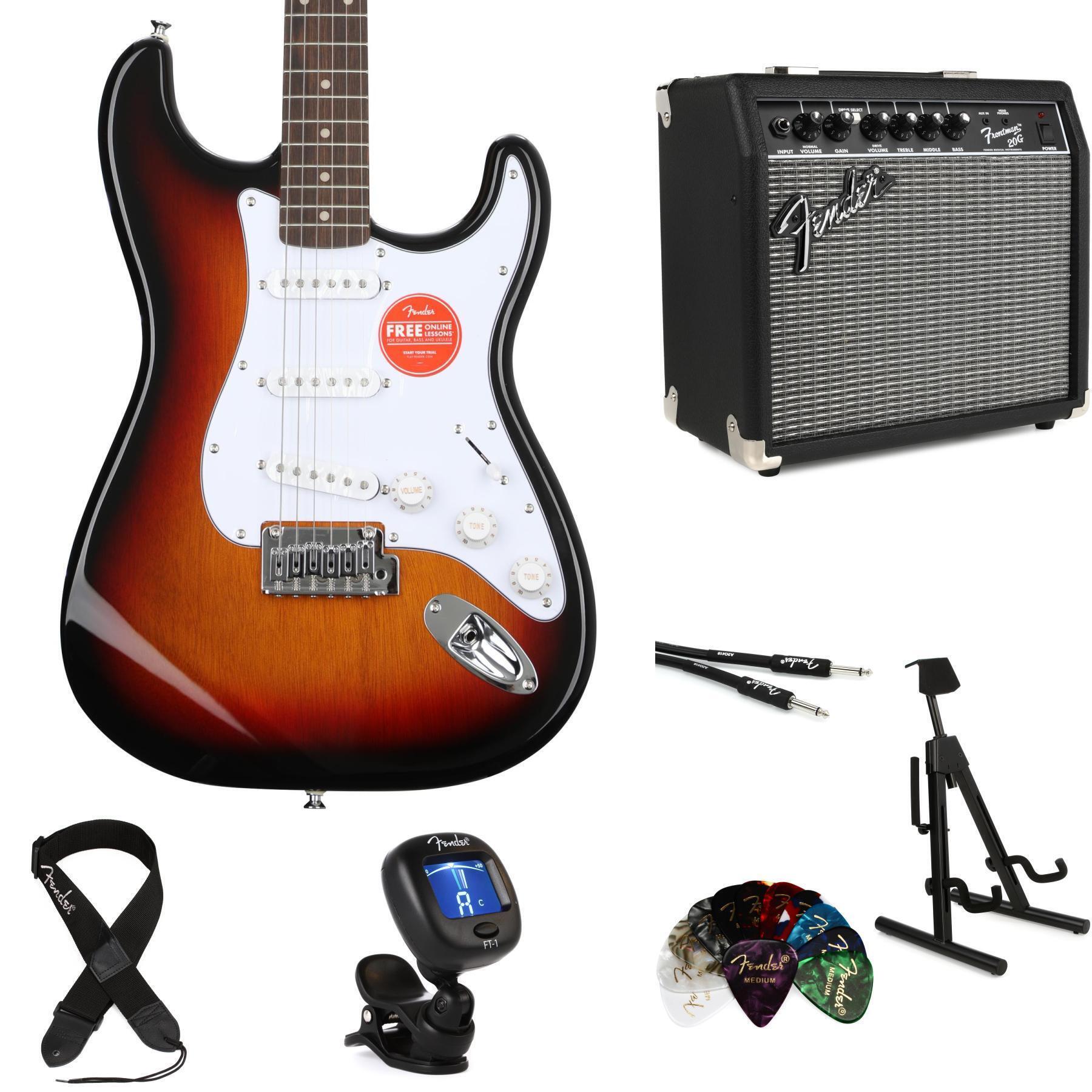 Squier Affinity Series Stratocaster Electric Guitar and Fender Frontman 20G  Amp Essentials Bundle - 3-Color Sunburst