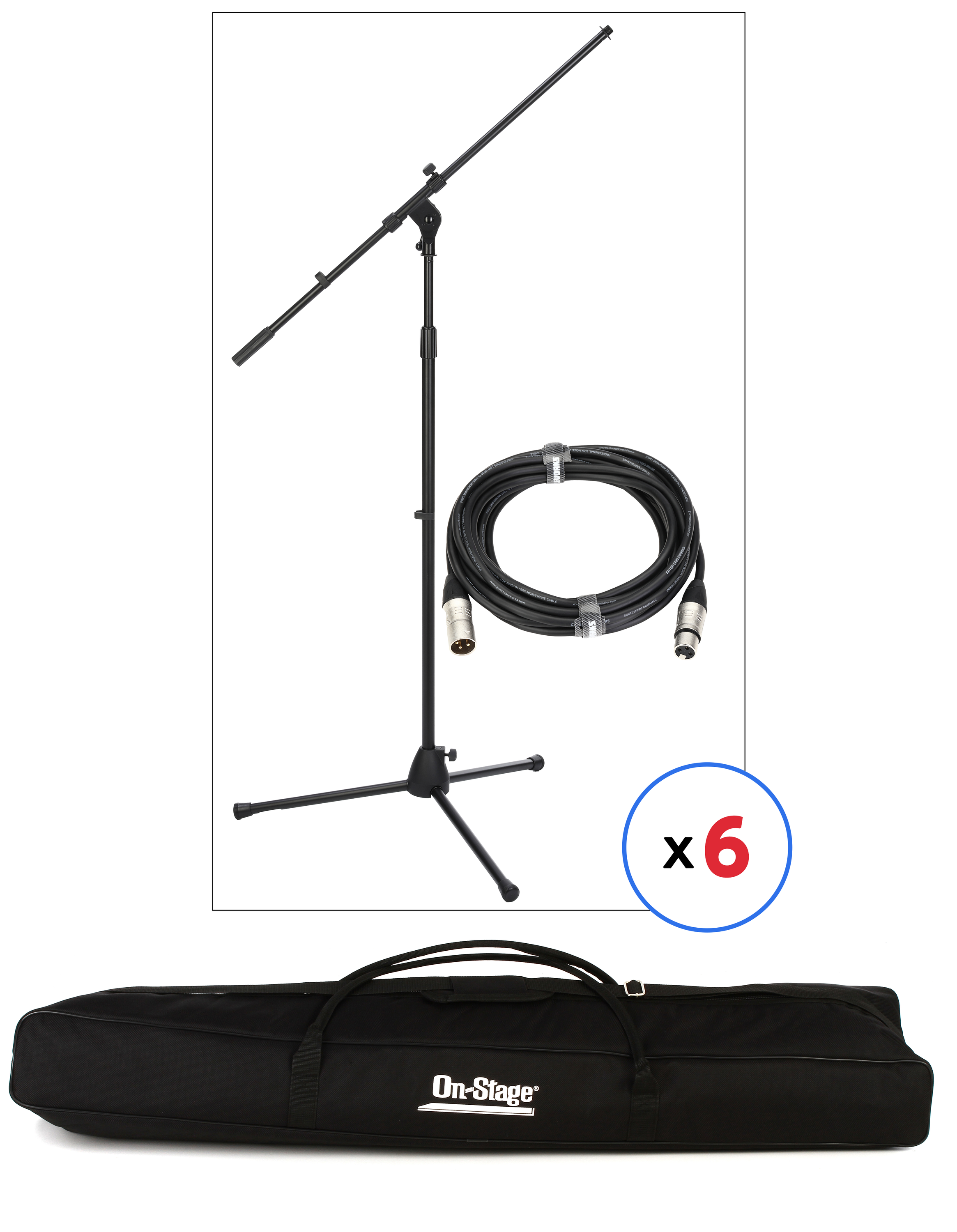 Photo of On-Stage MS7701B Euro Boom Microphone Stand 6-pack Bundle with 6 Mic Cables & Carry Bag