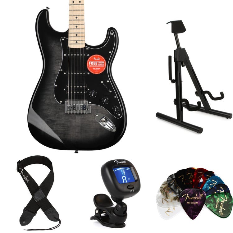Squier Affinity Series Stratocaster Electric Guitar Essentials Bundle -  Black Burst with Maple Fingerboard