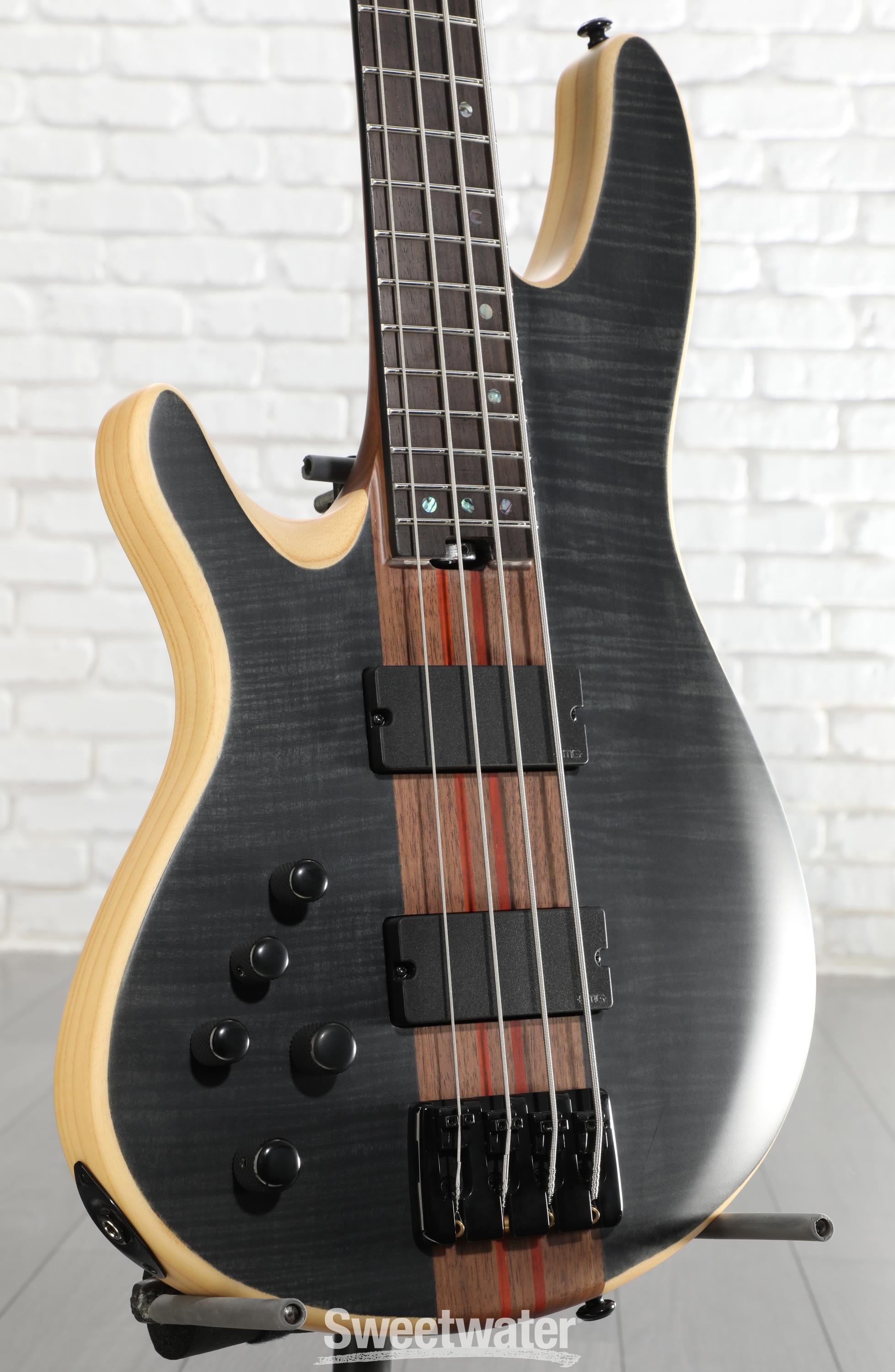 Photo of Schecter Charles Berthoud CB-4 Signature Left-handed Bass Guitar - See-thru Black Satin