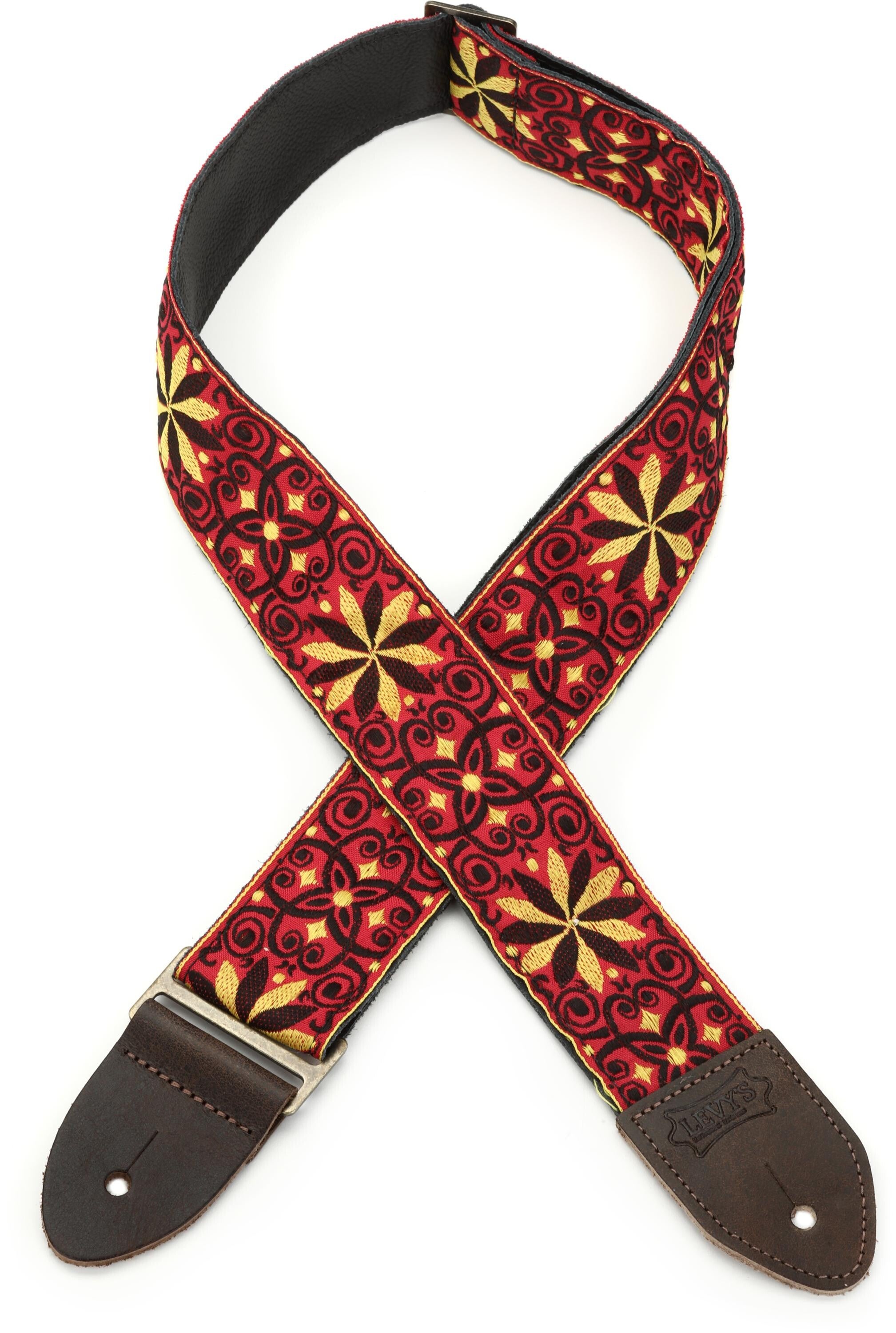Photo of Levy's M8HTV Jacquard Weave Guitar Strap - Red and Gold Motif