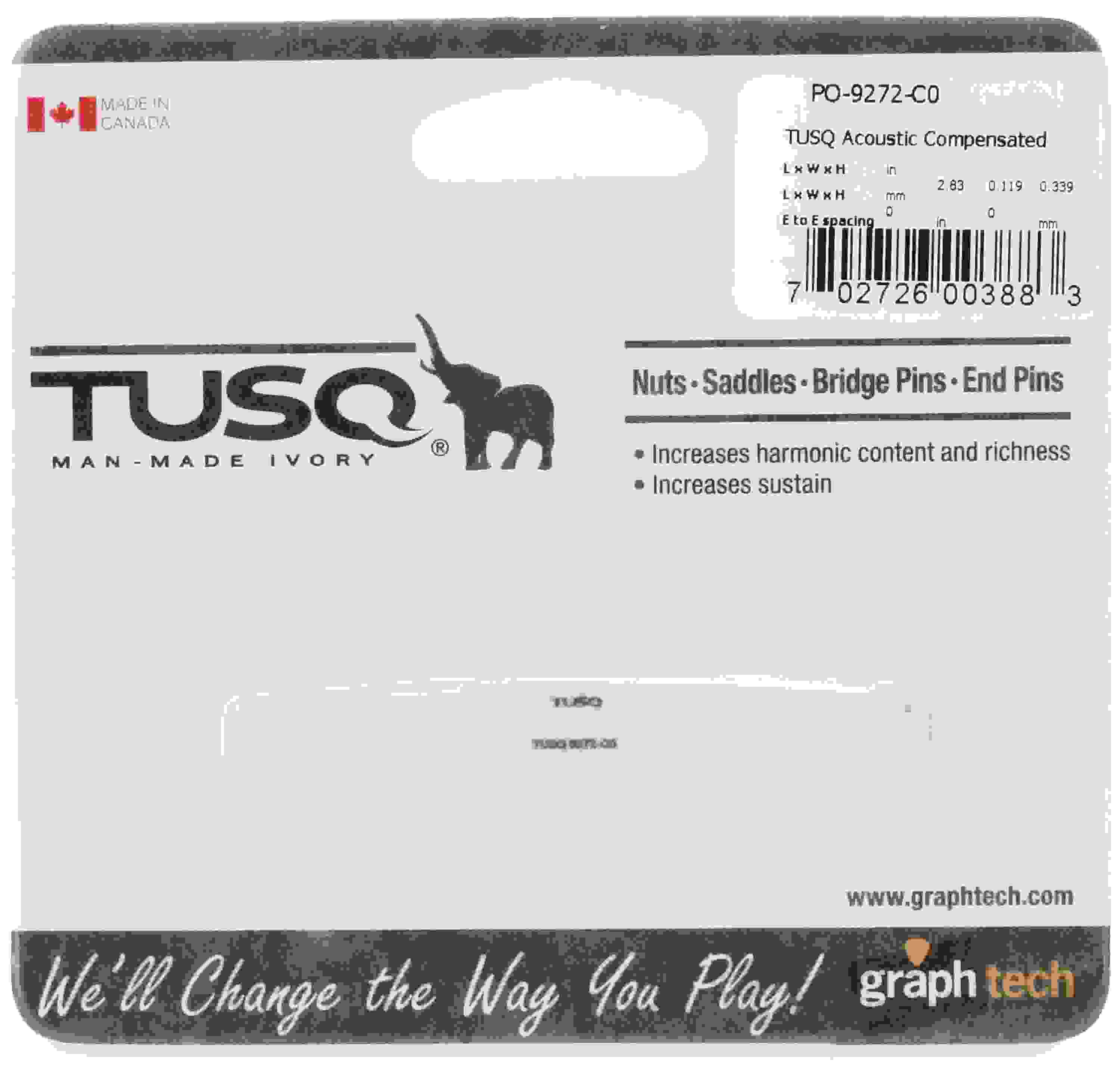 Graph Tech PQ9272C0 TUSQ Acoustic Guitar Compensated Saddle 72 x 3mm