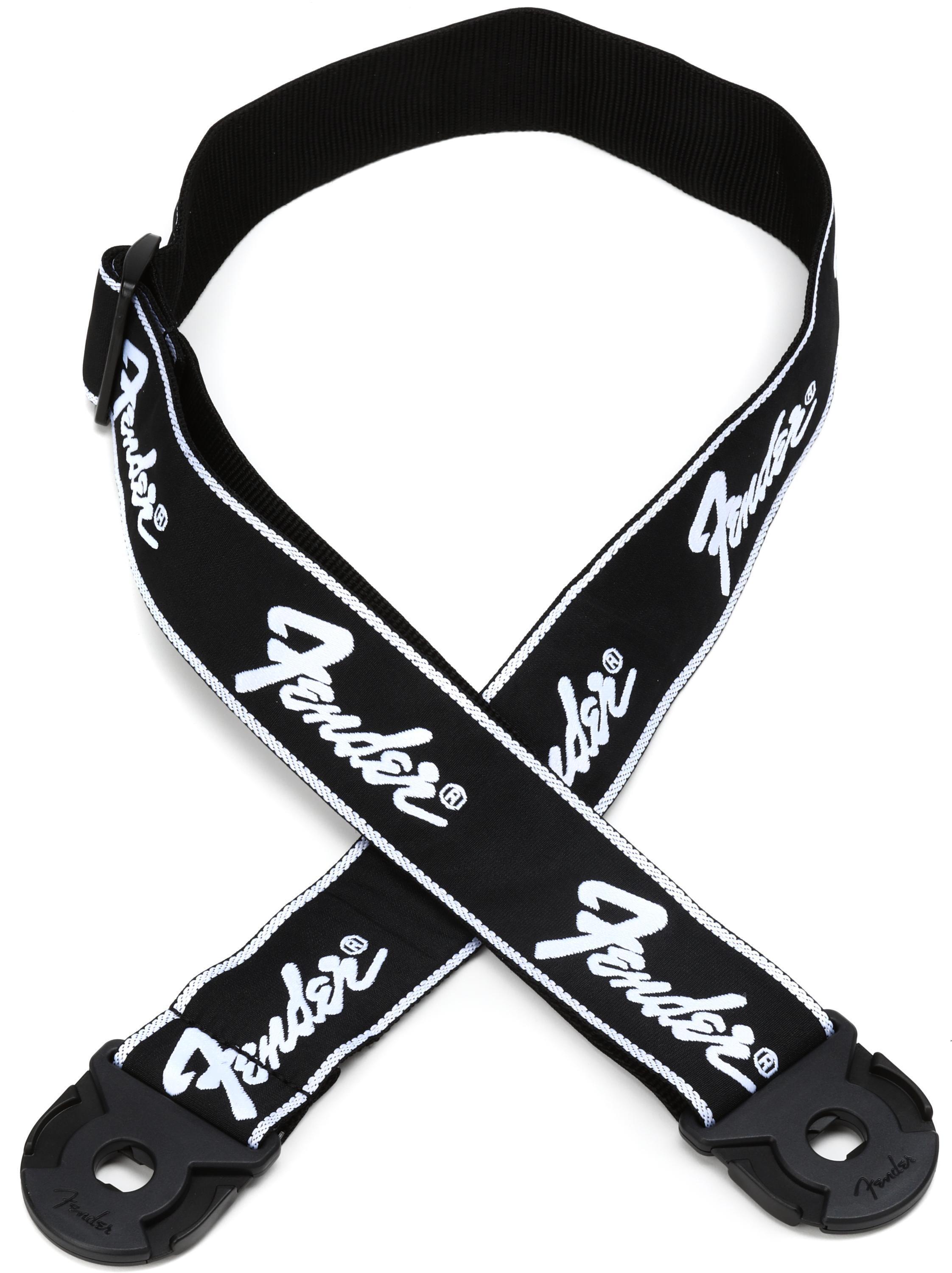 Photo of Fender Quick Grip Locking End Guitar Strap - Black with White Running Logo