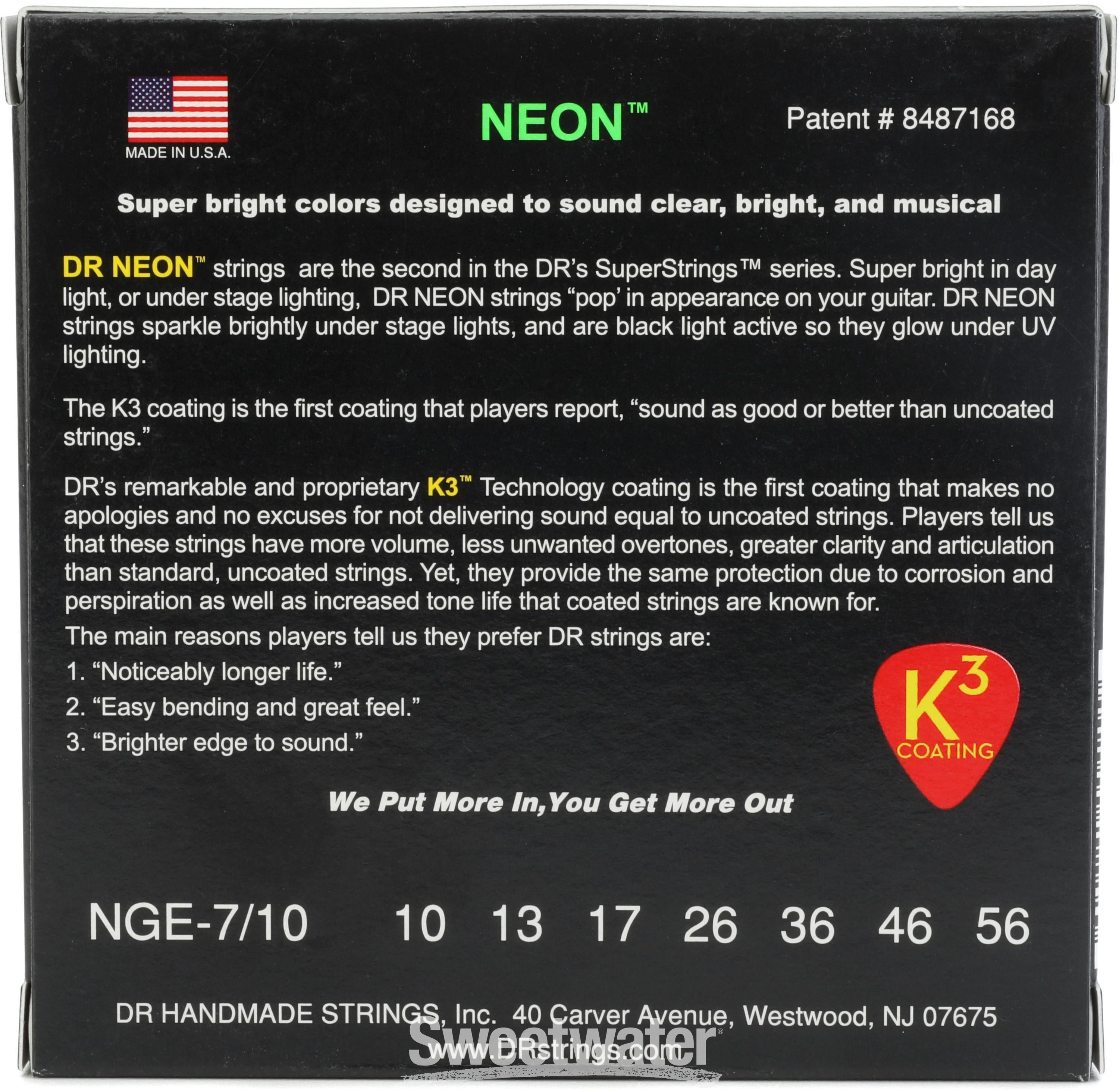 DR Strings NGE7 10 Hi Def Neon Green K3 Coated Electric Guitar