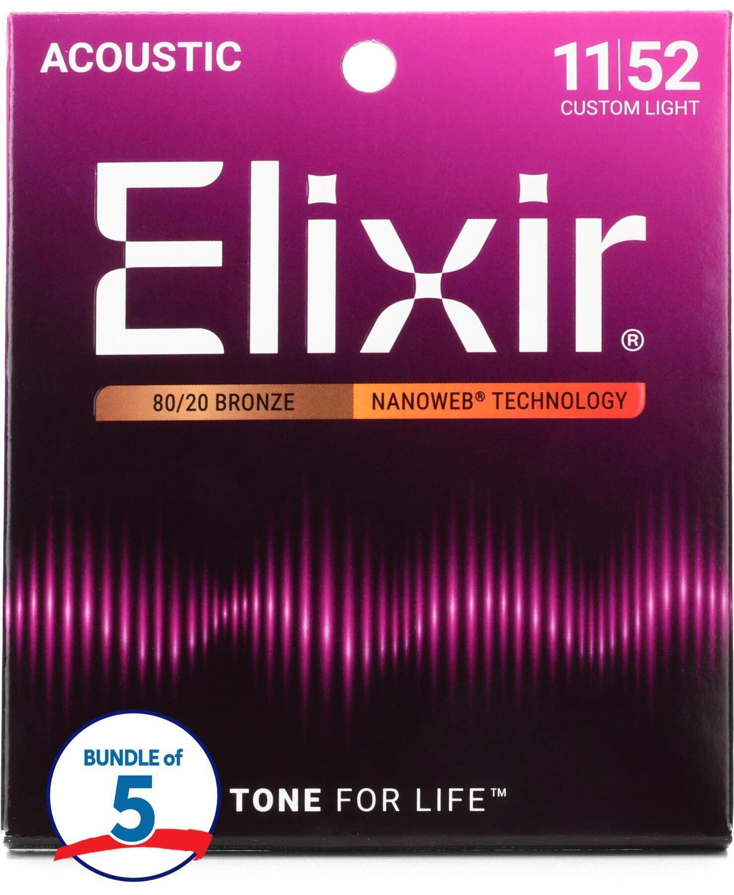 Photo of Elixir Strings 11027 Nanoweb 80/20 Acoustic Guitar Strings - .011-.052 Custom Light (5-pack)
