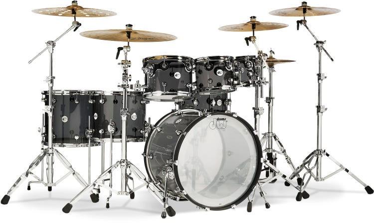 DW Design Series Acrylic 7-piece Shell Pack with Snare Drum - Smoke Glass, Sweetwater Exclusive