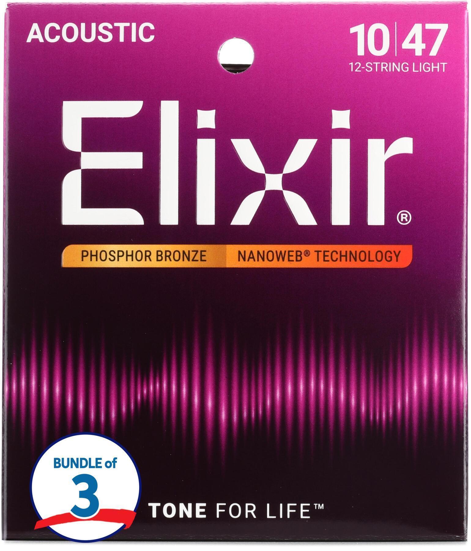 Photo of Elixir Strings 16152 Nanoweb Phosphor Bronze Acoustic Guitar Strings - .010-.047 12-string Light (3-pack)