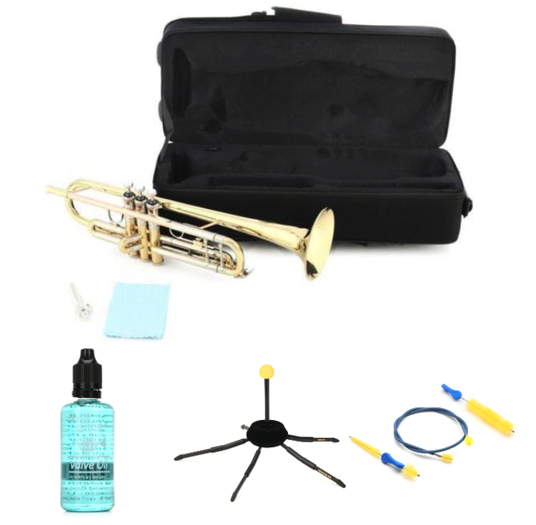 Tromana TR300 Student Bb Trumpet with Stand Valve Oil and Brush Set Clear Lacquer