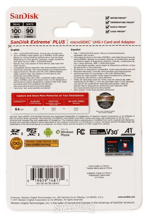 SanDisk Extreme PLUS microSDXC Card - 64GB, Class 10, U3, UHS-I