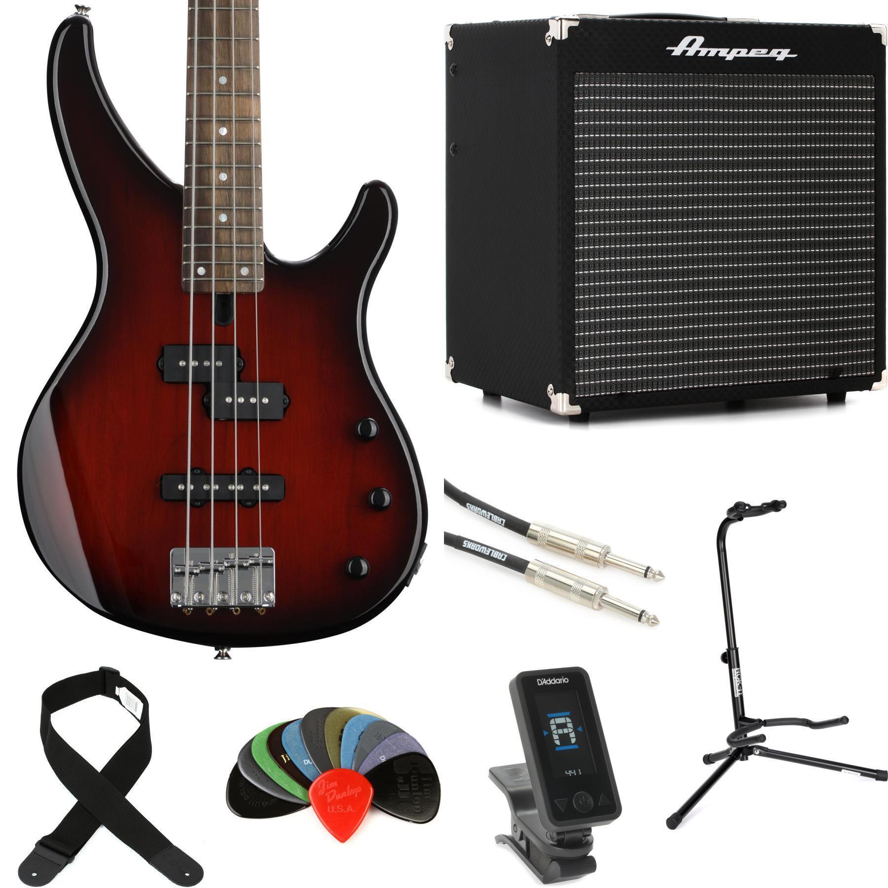 Yamaha TRBX174 Bass Guitar and Ampeg Rocket Amp Essentials Bundle - Violin  Sunburst