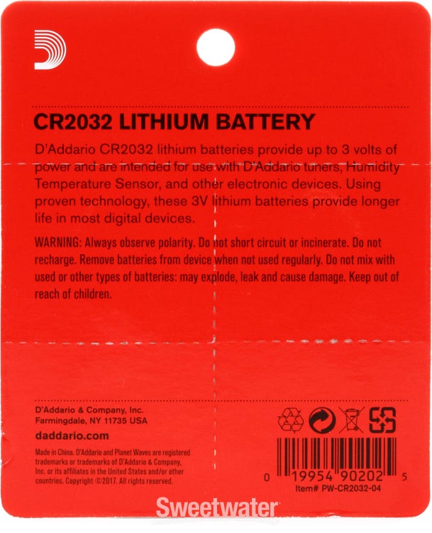D'Addario CR2032 Lithium 3V Battery (4-pack)