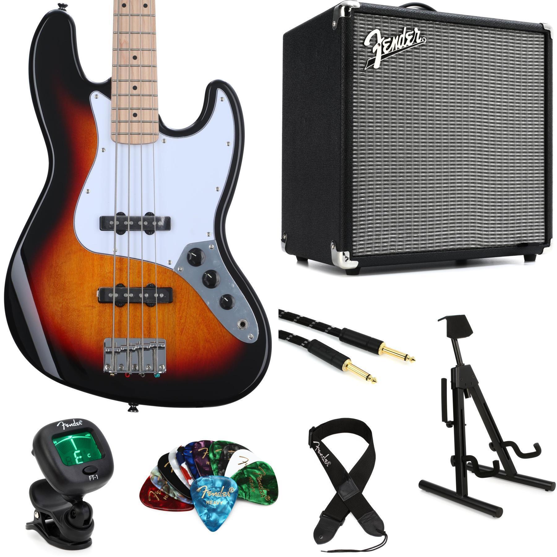 Photo of Squier Affinity Series Jazz Bass and Rumble 25 Combo Amp Bundle - 3-color Sunburst with Maple Fingerboard