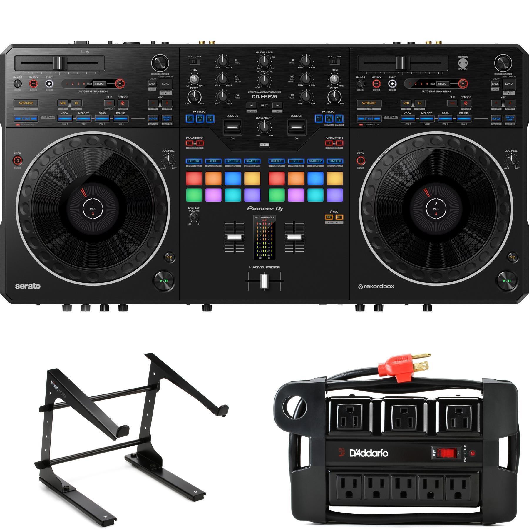 Pioneer DJ DDJREV5 4deck DJ Controller with Laptop Stand and Power