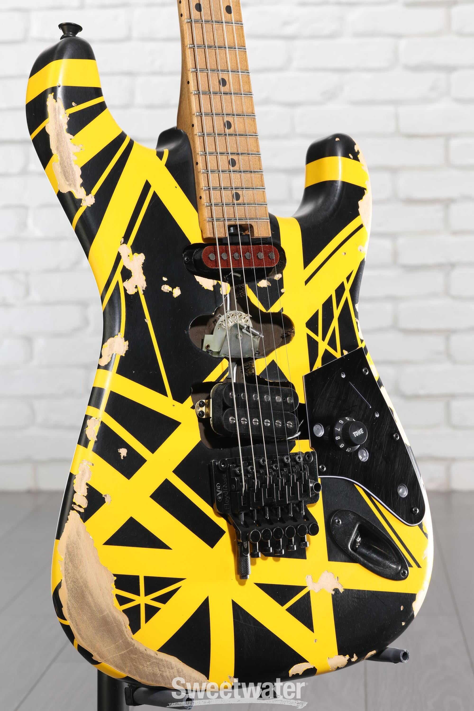 Photo of EVH Striped Series Frankenstein Frankie Electric Guitar - Black with Yellow Stripes, Relic