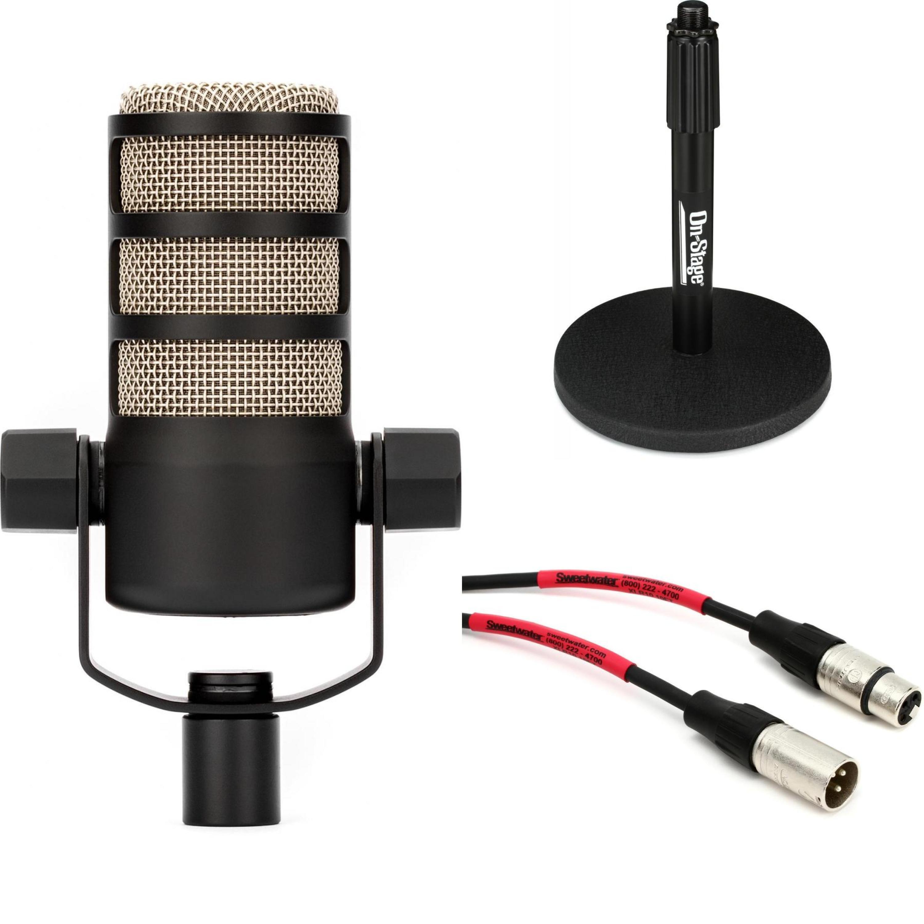 Rode PodMic Cardioid Dynamic Broadcast Microphone Bundle with Desktop Boom  Stand and Cable