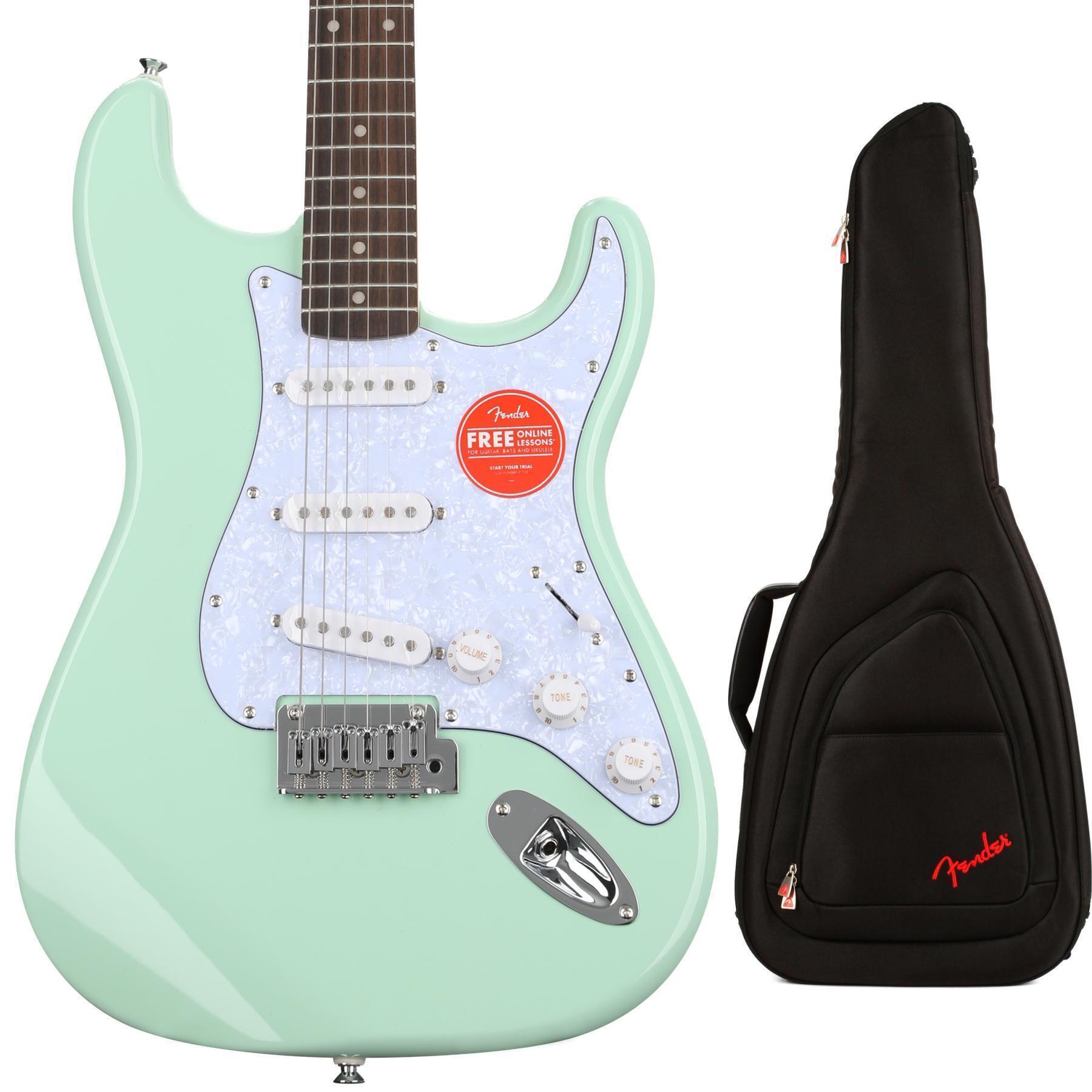 Squier Affinity Series Stratocaster with Gig Bag - Surf Green with White  Pearloid Pickguard, Sweetwater Exclusive in the USA